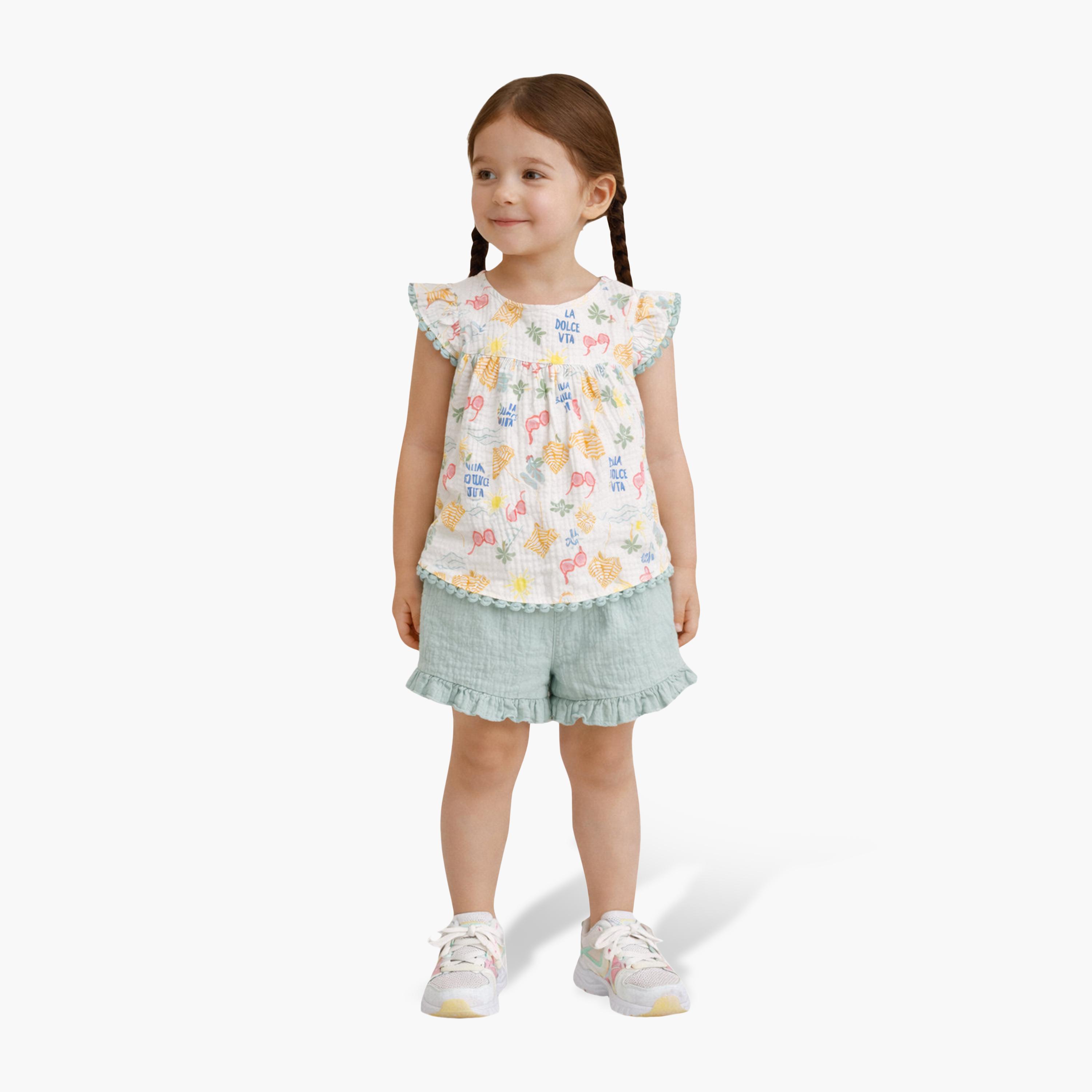 طقم بلوزة بأكمام رفرفة مطبوع وشورت بكشكشة من فيكتور آند جين-baby-girls-clothing-setsandcoords-image-2