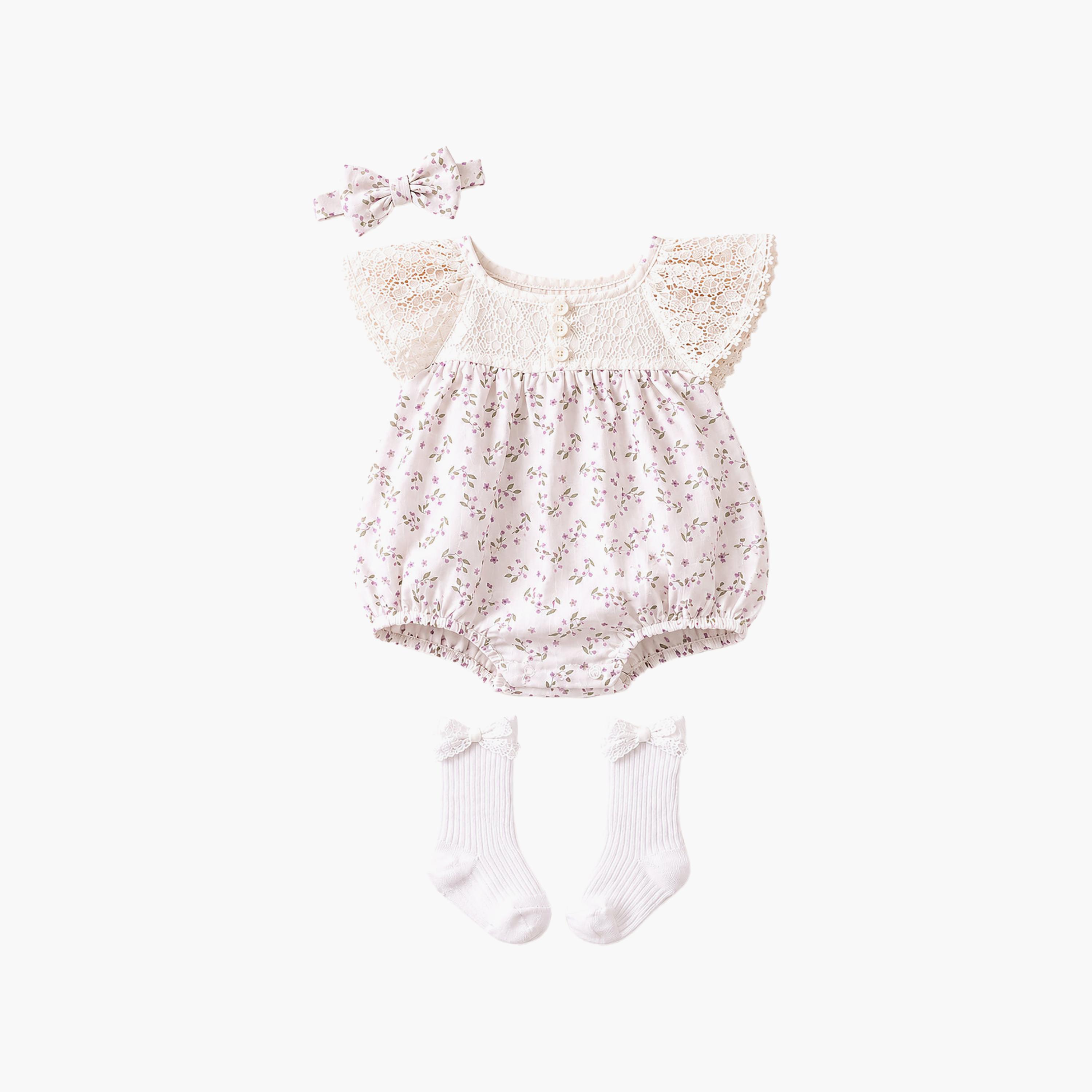 طقم رومبير بنقشة الزهور وأكمام قصيرة مكشكشة مع عصبة رأس وجوارب من فيكتور آند جين-baby-girls-clothing-rompers-image-1