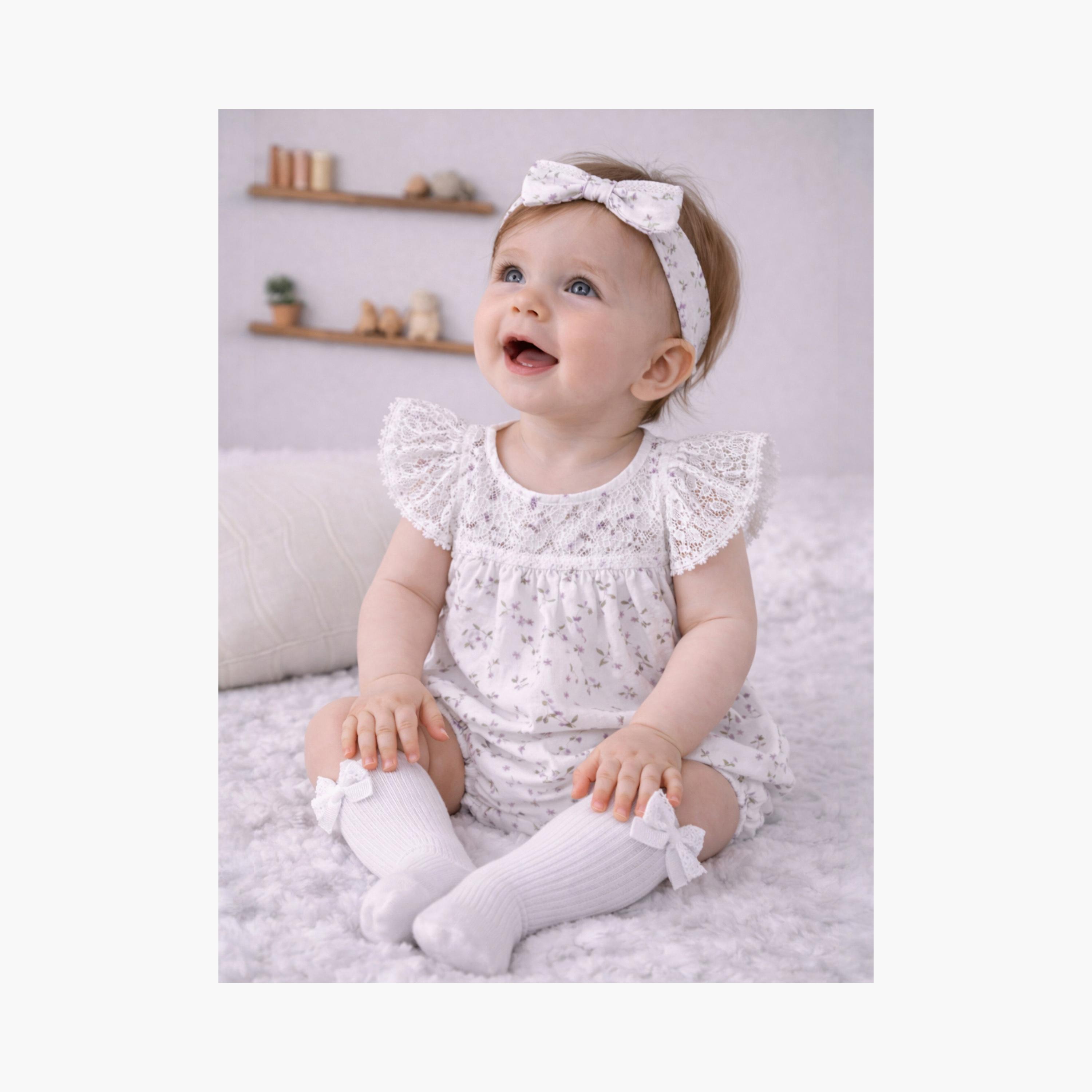 طقم رومبير بنقشة الزهور وأكمام قصيرة مكشكشة مع عصبة رأس وجوارب من فيكتور آند جين-baby-girls-clothing-rompers-image-3