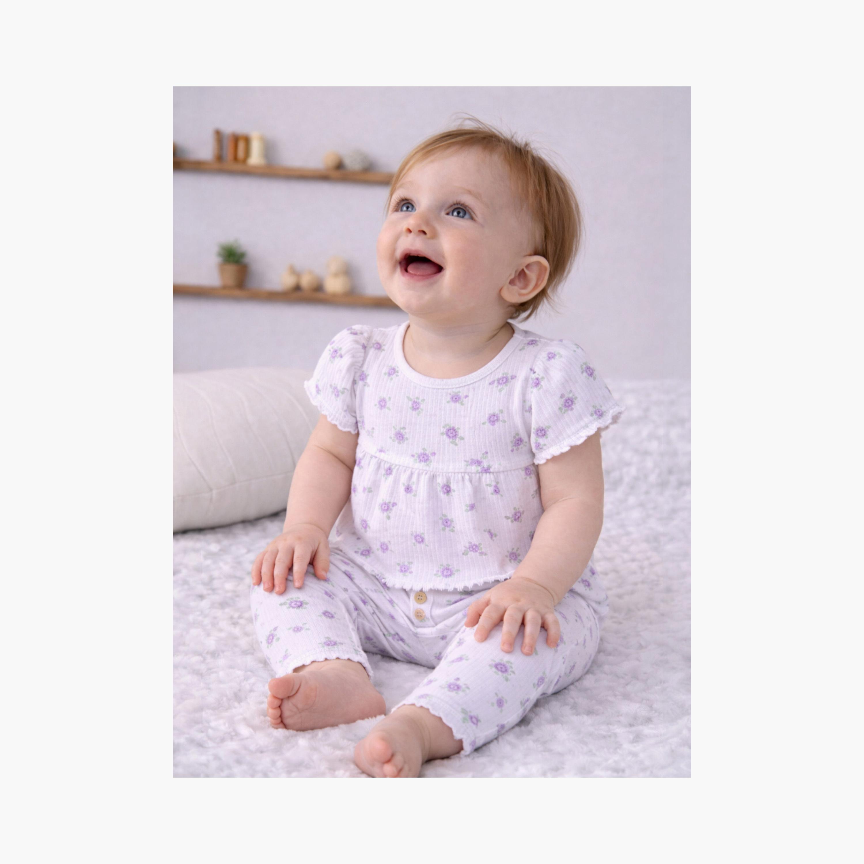 Victor and Jane 2-Piece Printed Short Sleeves Rib T-Shirt with 2-Piece Rib Leggings Set-baby-girls-clothing-setsandcoords-image-2