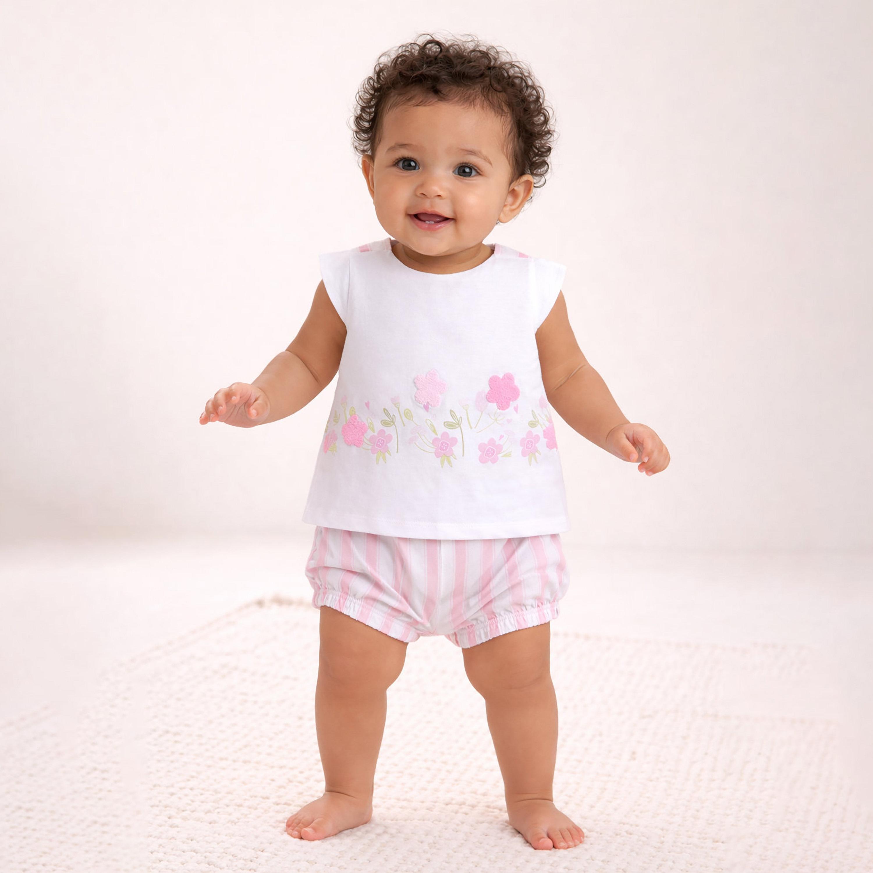 طقم توب بطبعة زهور بدون أكمام وشورت مخطط من فيكتور آند جين-baby-girls-clothing-setsandcoords-image-1