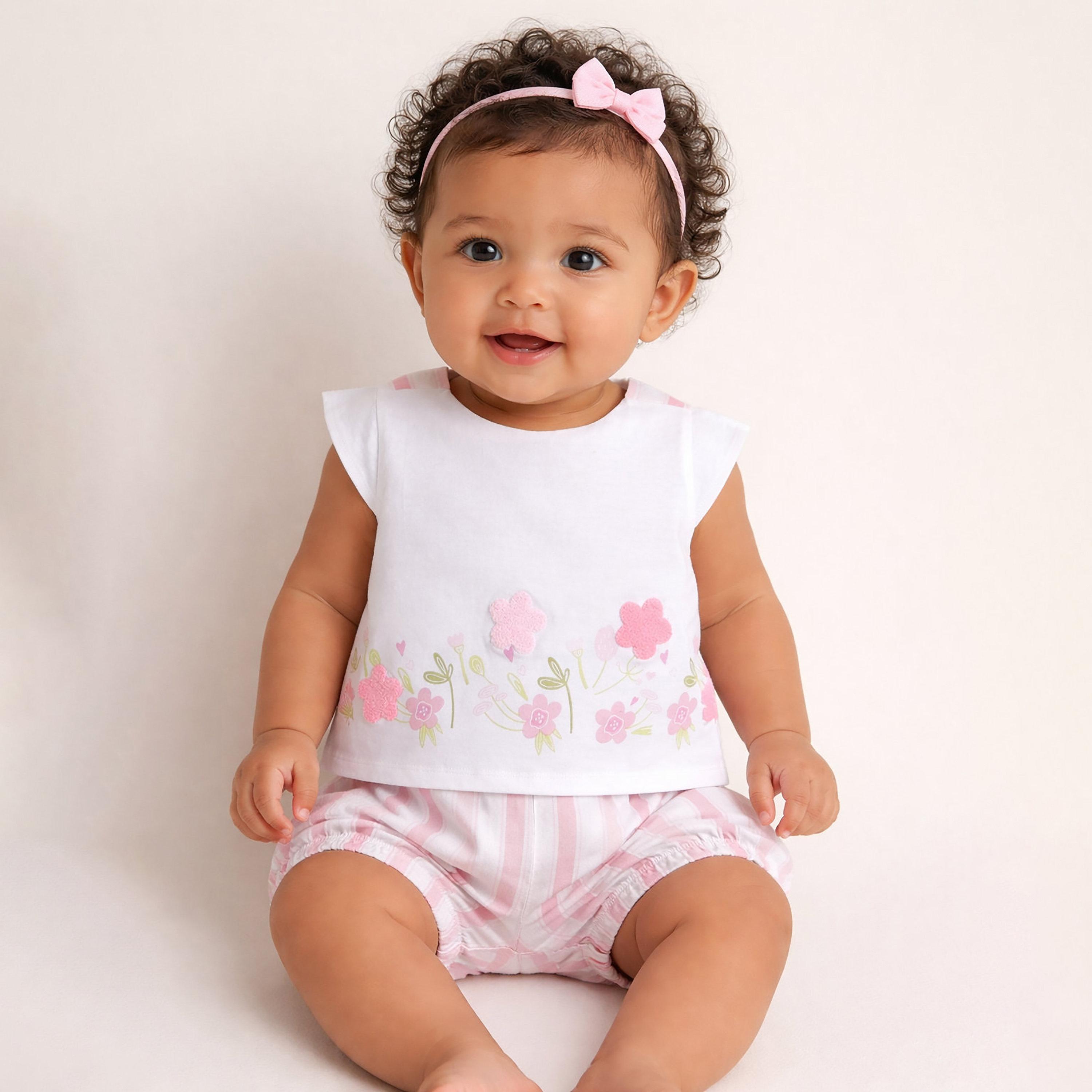 طقم توب بطبعة زهور بدون أكمام وشورت مخطط من فيكتور آند جين-baby-girls-clothing-setsandcoords-image-2