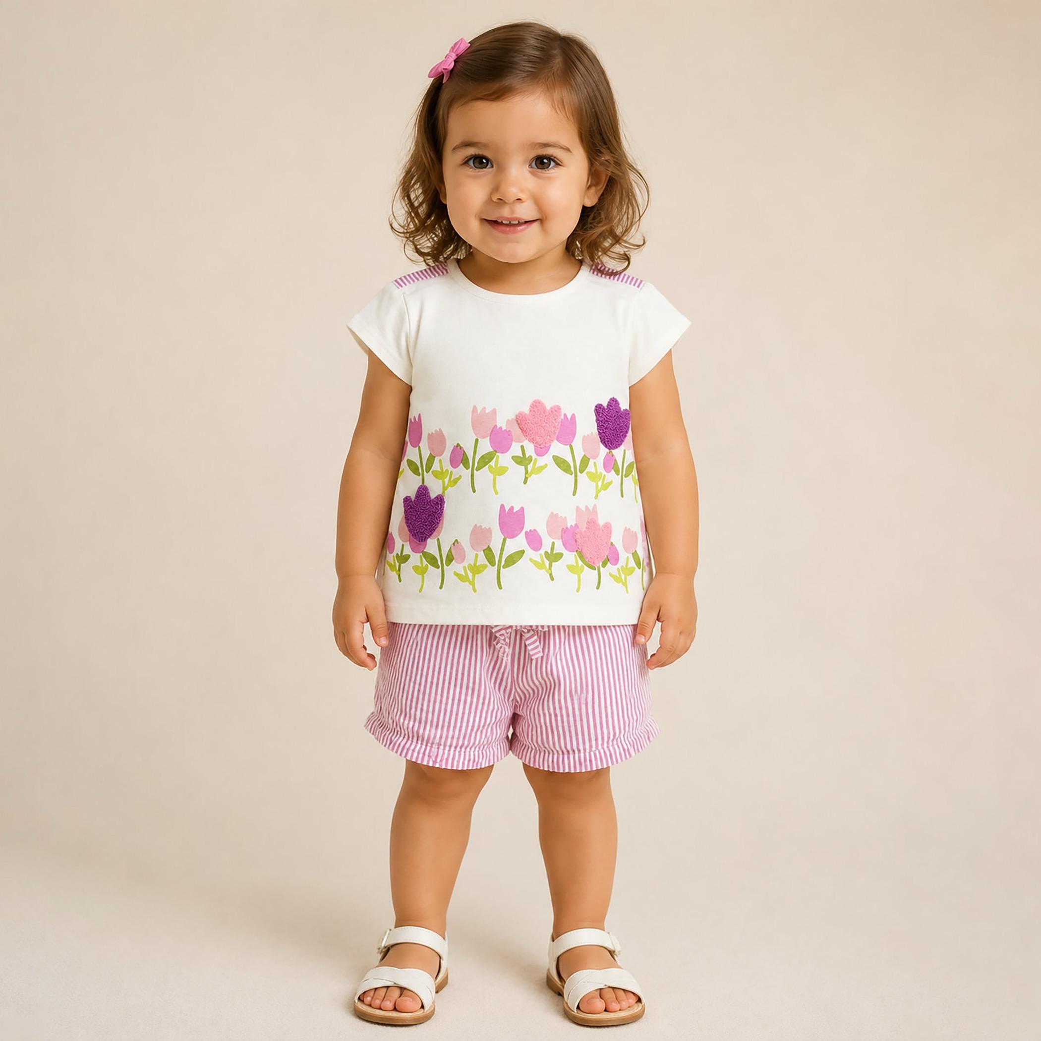 طقم توب بطبعة زهور التيوليب وأكمام كاب وشورت مخطط من فيكتور آند جين-baby-girls-clothing-setsandcoords-image-1