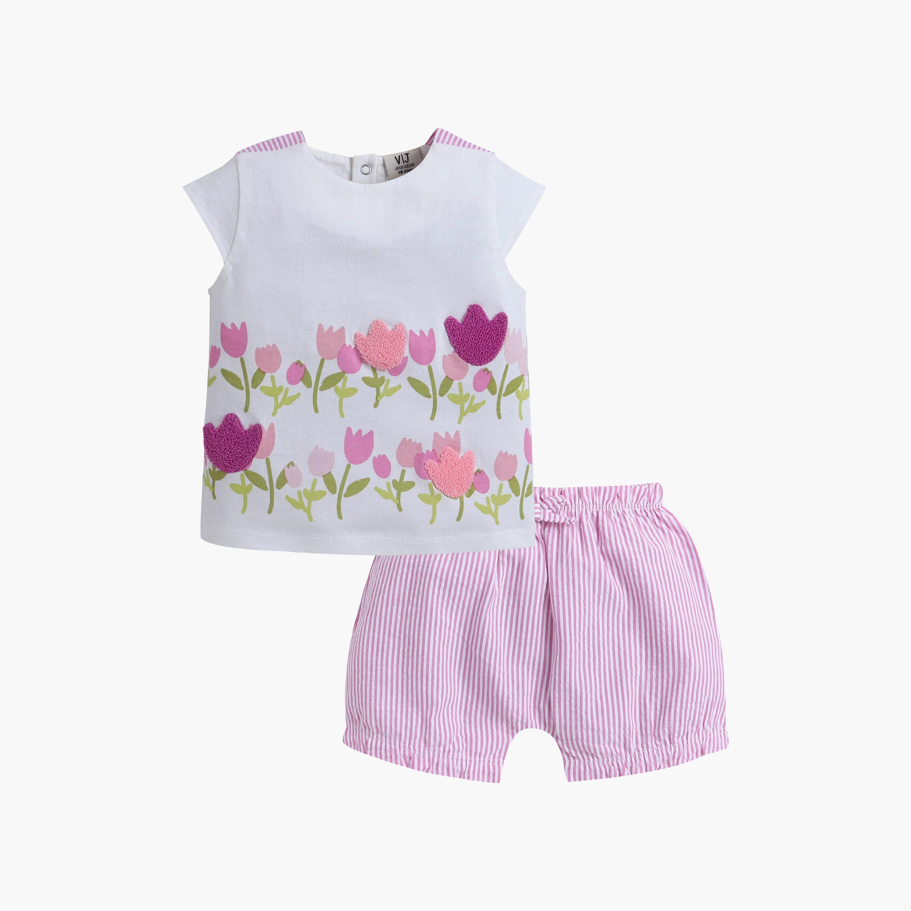 طقم توب بطبعة زهور التيوليب وأكمام كاب وشورت مخطط من فيكتور آند جين-baby-girls-clothing-setsandcoords-image-4