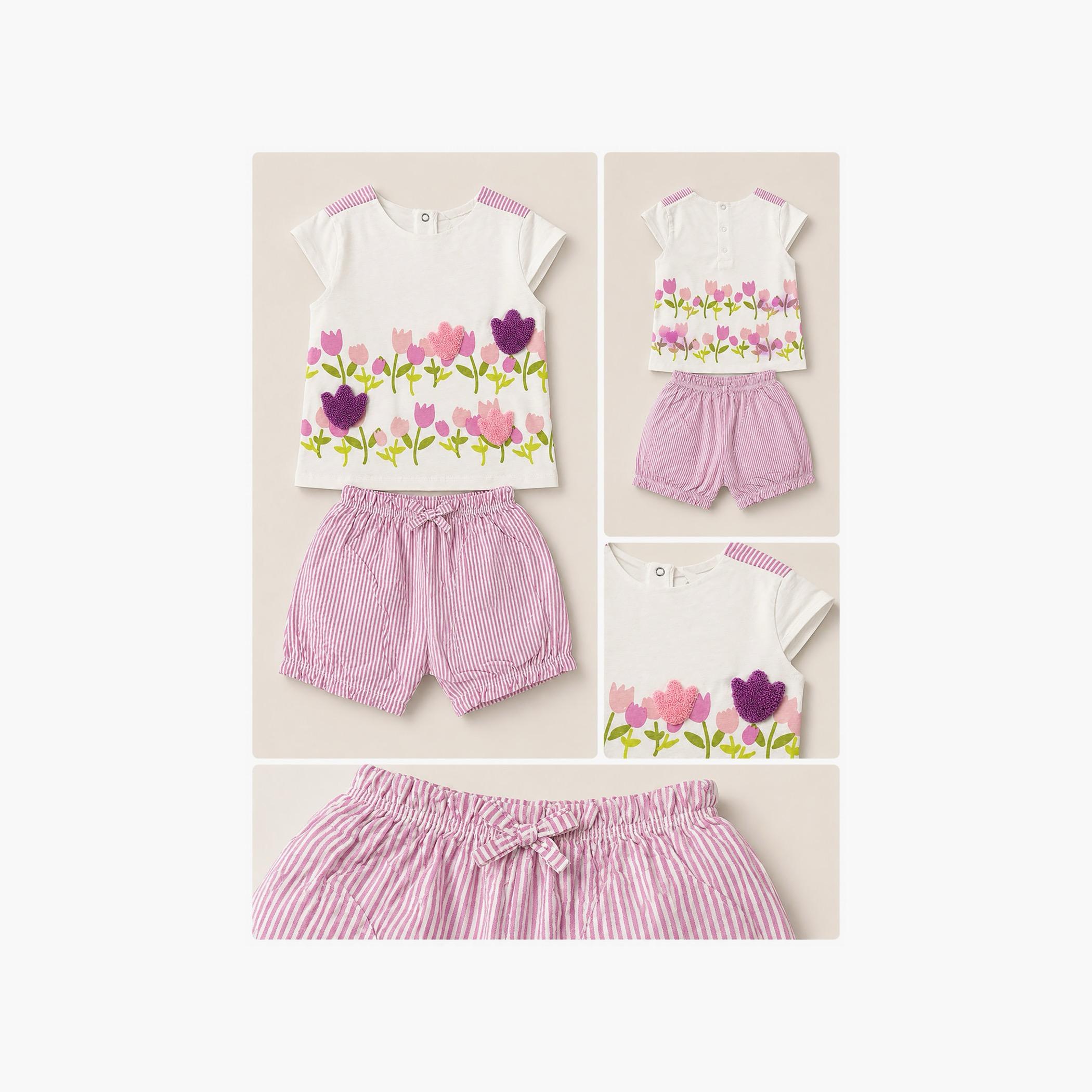 طقم توب بطبعة زهور التيوليب وأكمام كاب وشورت مخطط من فيكتور آند جين-baby-girls-clothing-setsandcoords-image-7