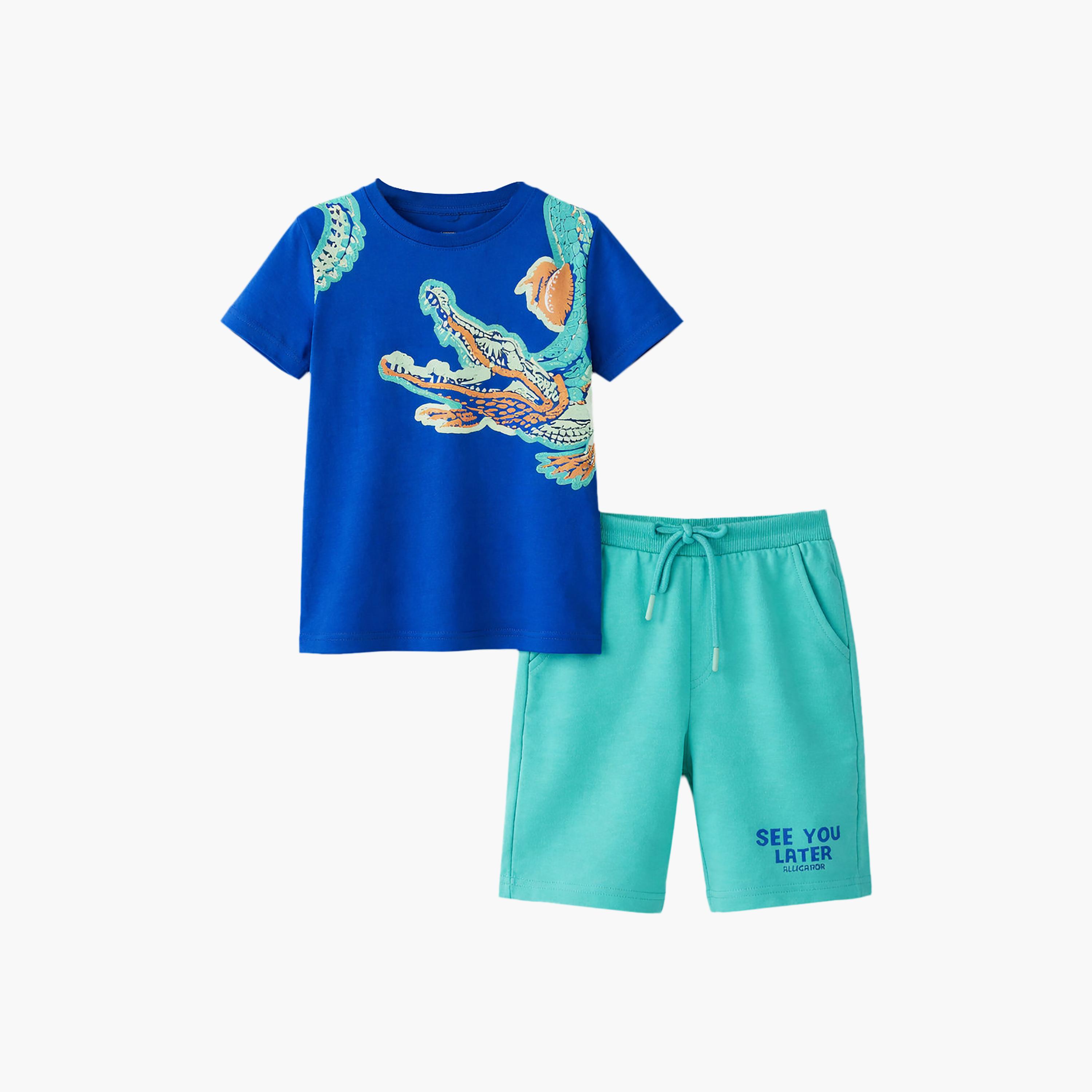 طقم تيشيرت بأكمام نصفية بطبعة كروكودايل غرافيك وشورت من فيكتور أند جين-boys-clothing-setsandcoords-image-5