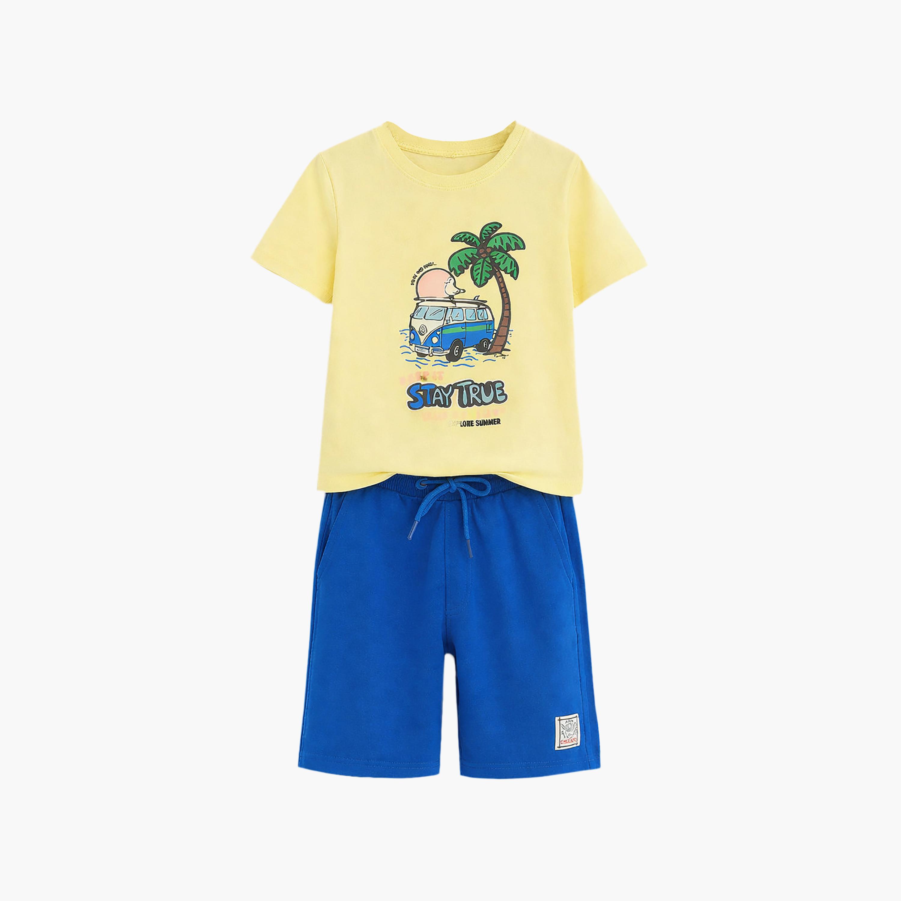 طقم تيشيرت بأكمام نصفية بطبعة سانسيت رايد وشورت من فيكتور أند جين-boys-clothing-setsandcoords-image-4
