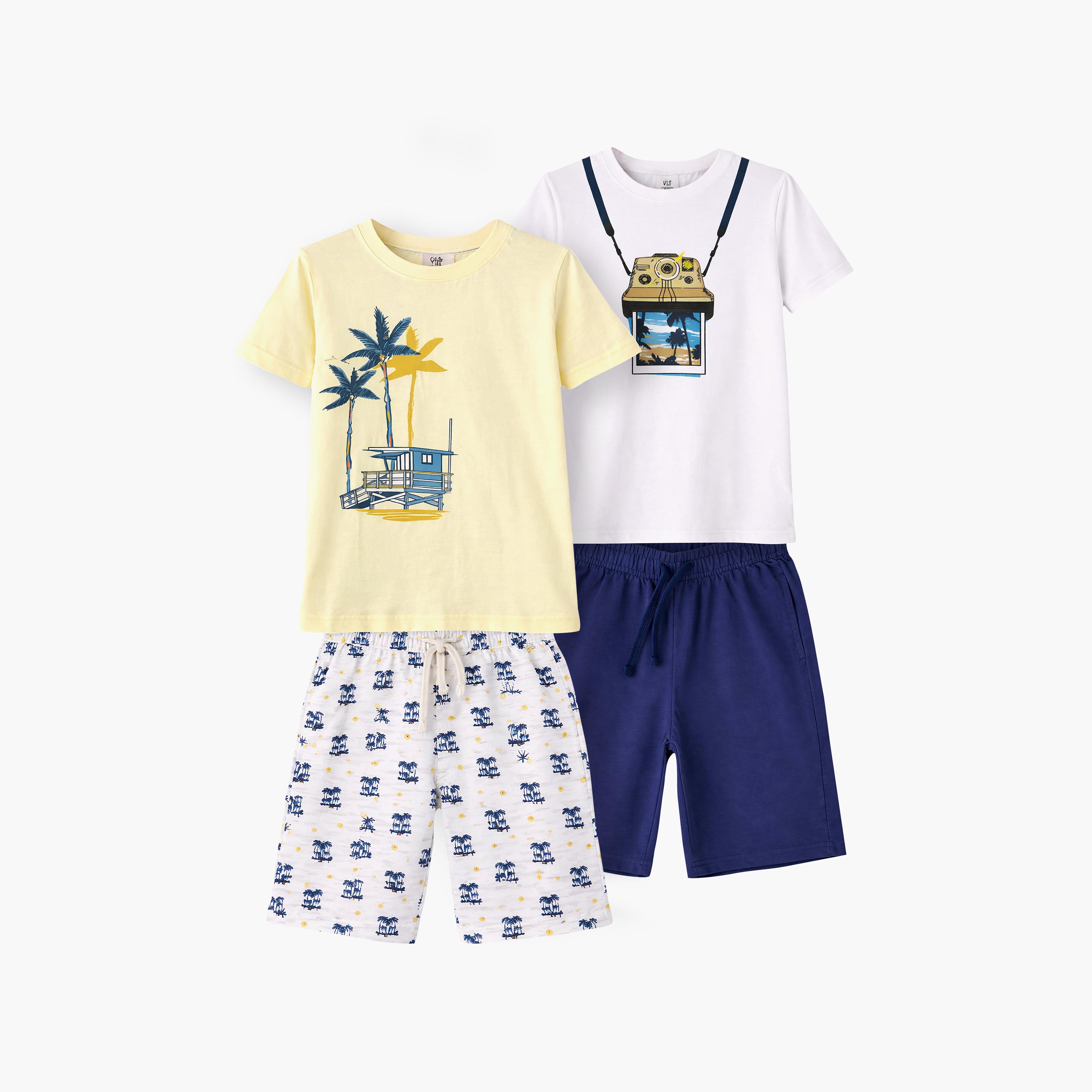 طقم مكون من 4 قطع: تي شيرتات بأكمام قصيرة ورسومات، وبنطلون مع شورت من فيكتور آند جين-boys-clothing-setsandcoords-image-1
