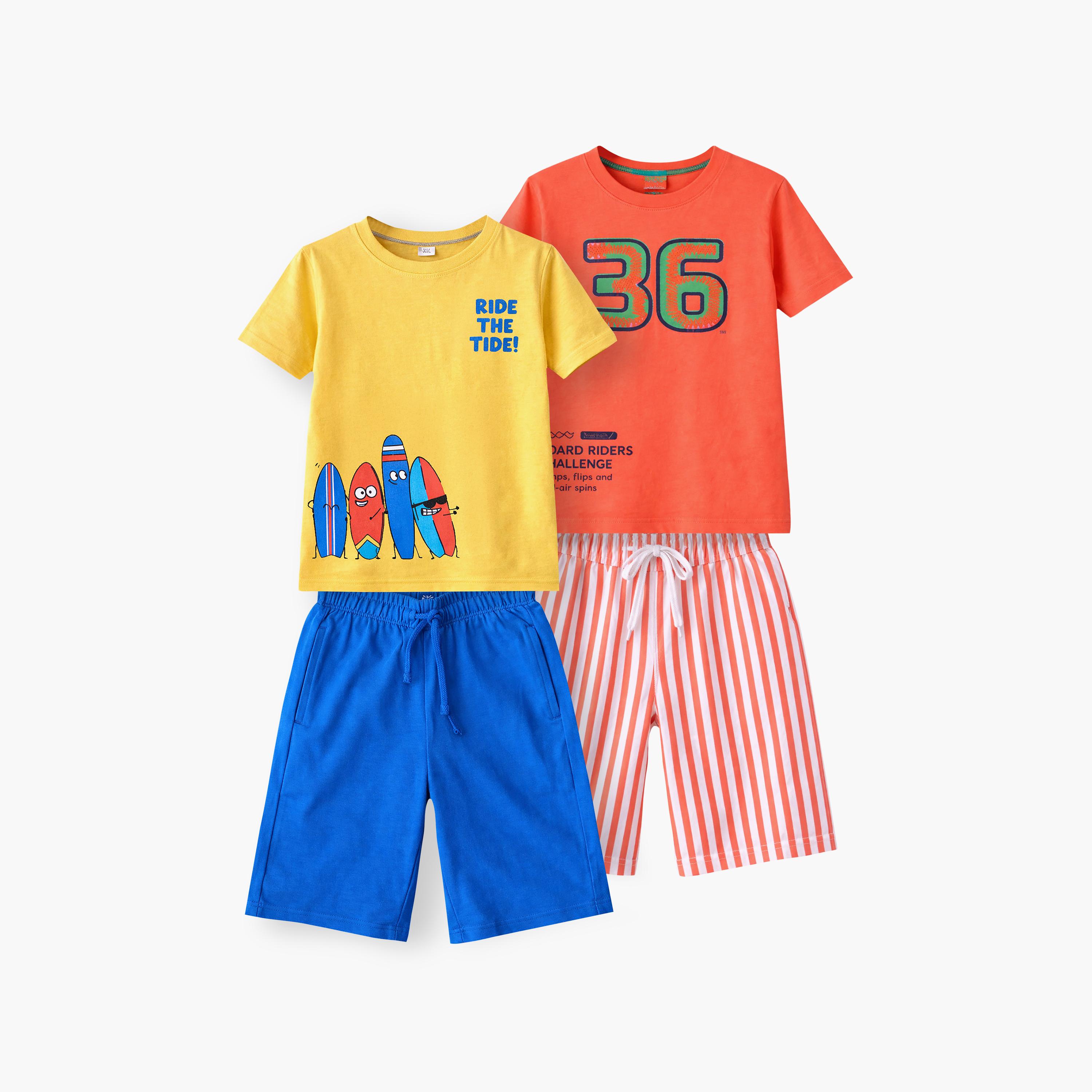 طقم مكون من 4 قطع: تي شيرتات بأكمام قصيرة ورسومات، وبنطلون مع شورت من فيكتور آند جين-boys-clothing-setsandcoords-image-1