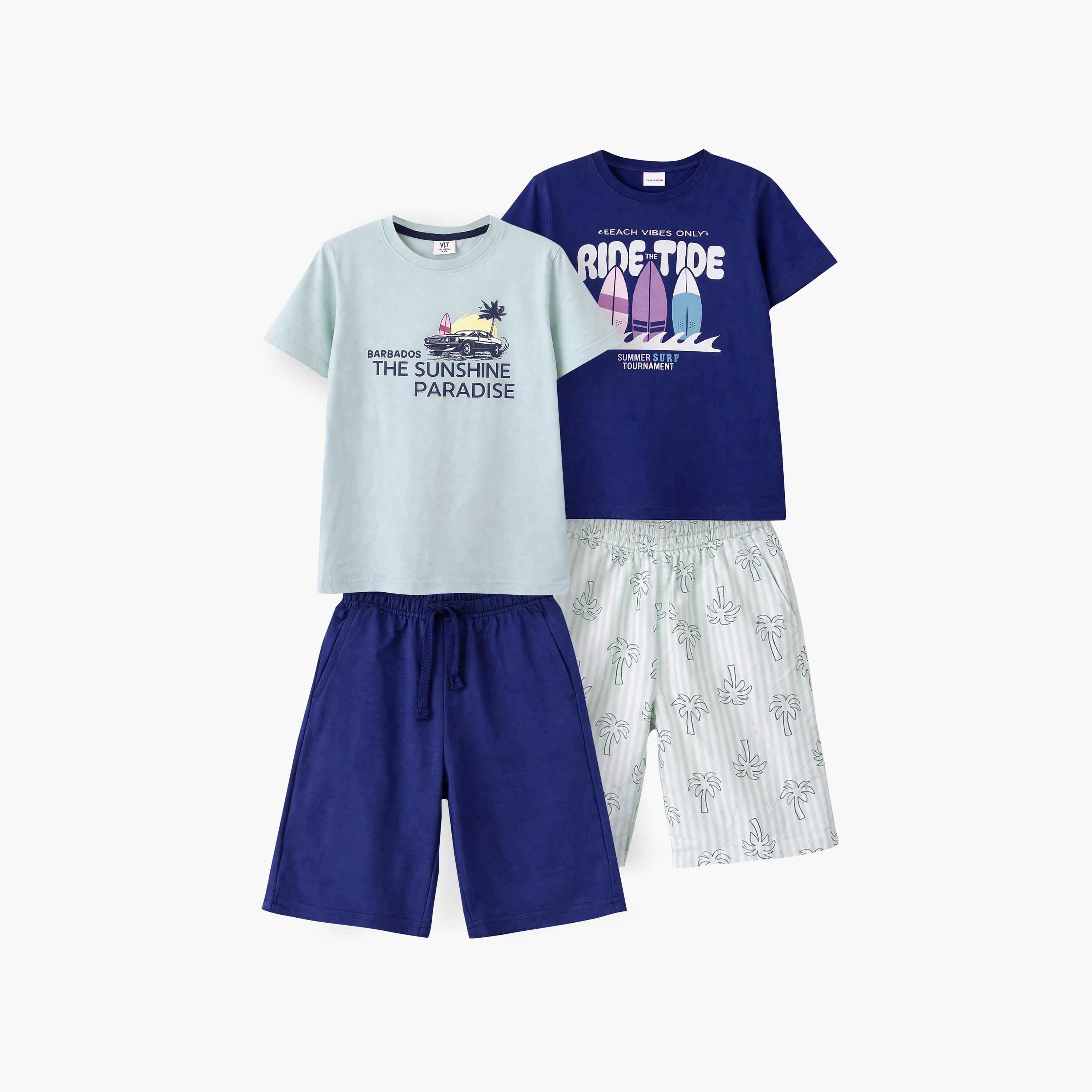 طقم مكون من 4 قطع: تي شيرتات بأكمام قصيرة ورسومات، وبنطلون مع شورت من فيكتور آند جين-boys-clothing-setsandcoords-image-1