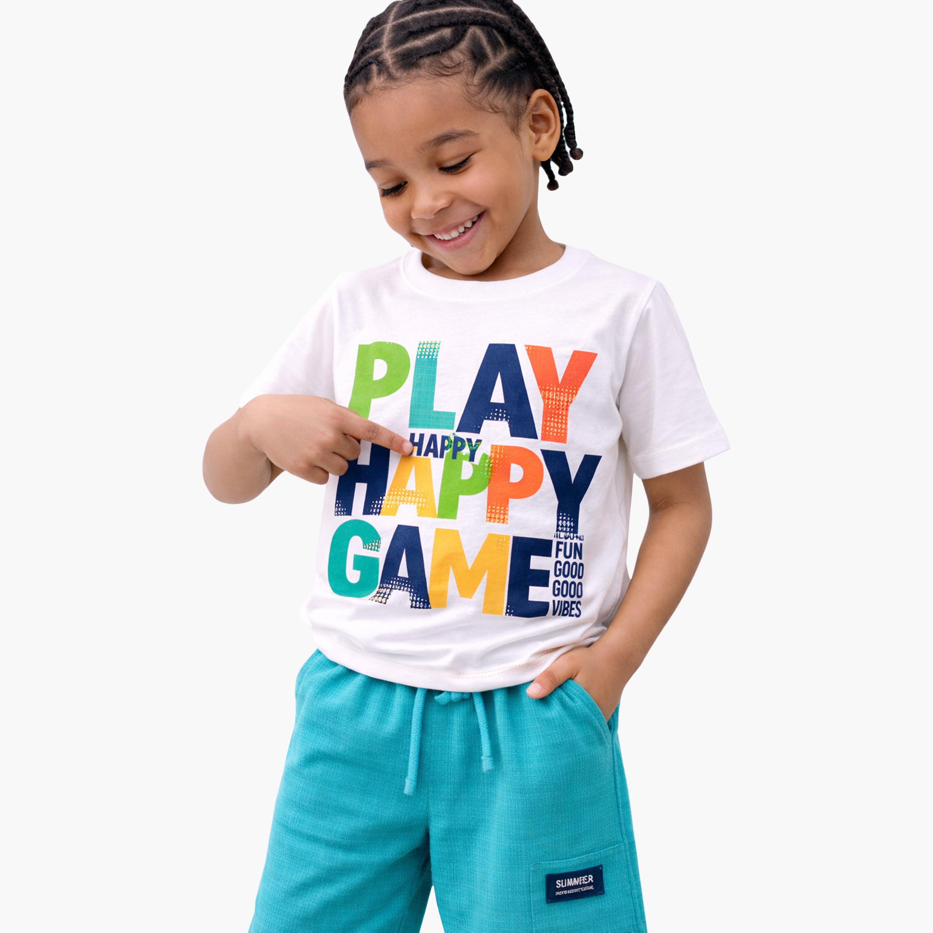 طقم تي شيرت برسومات "Play Happy Game" وشورت بارز الملمس من فيكتور آند جين-boys-clothing-setsandcoords-image-2