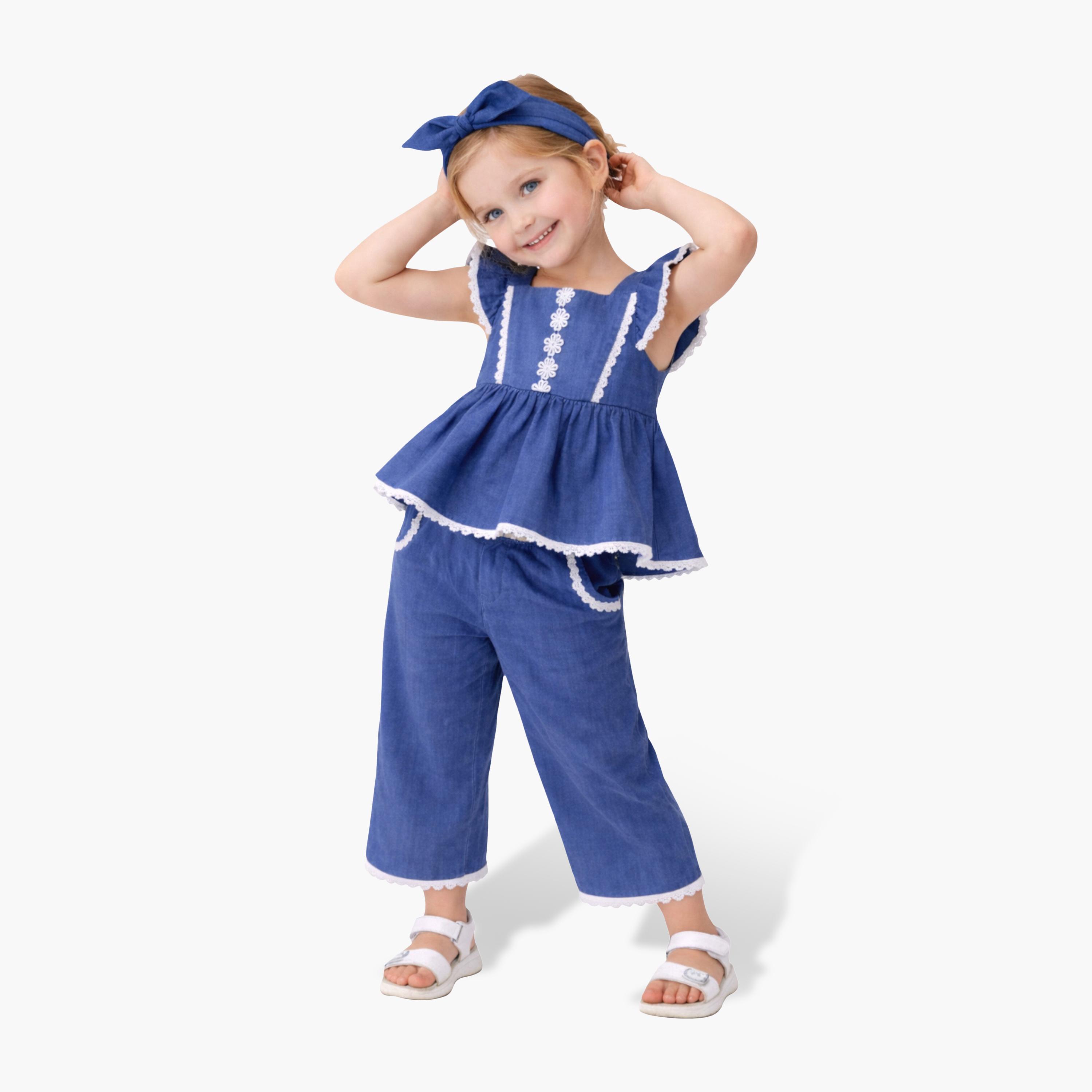 Victor and Jane Denim Look Top & Culotte Pants Set-baby-girls-clothing-setsandcoords-image-1