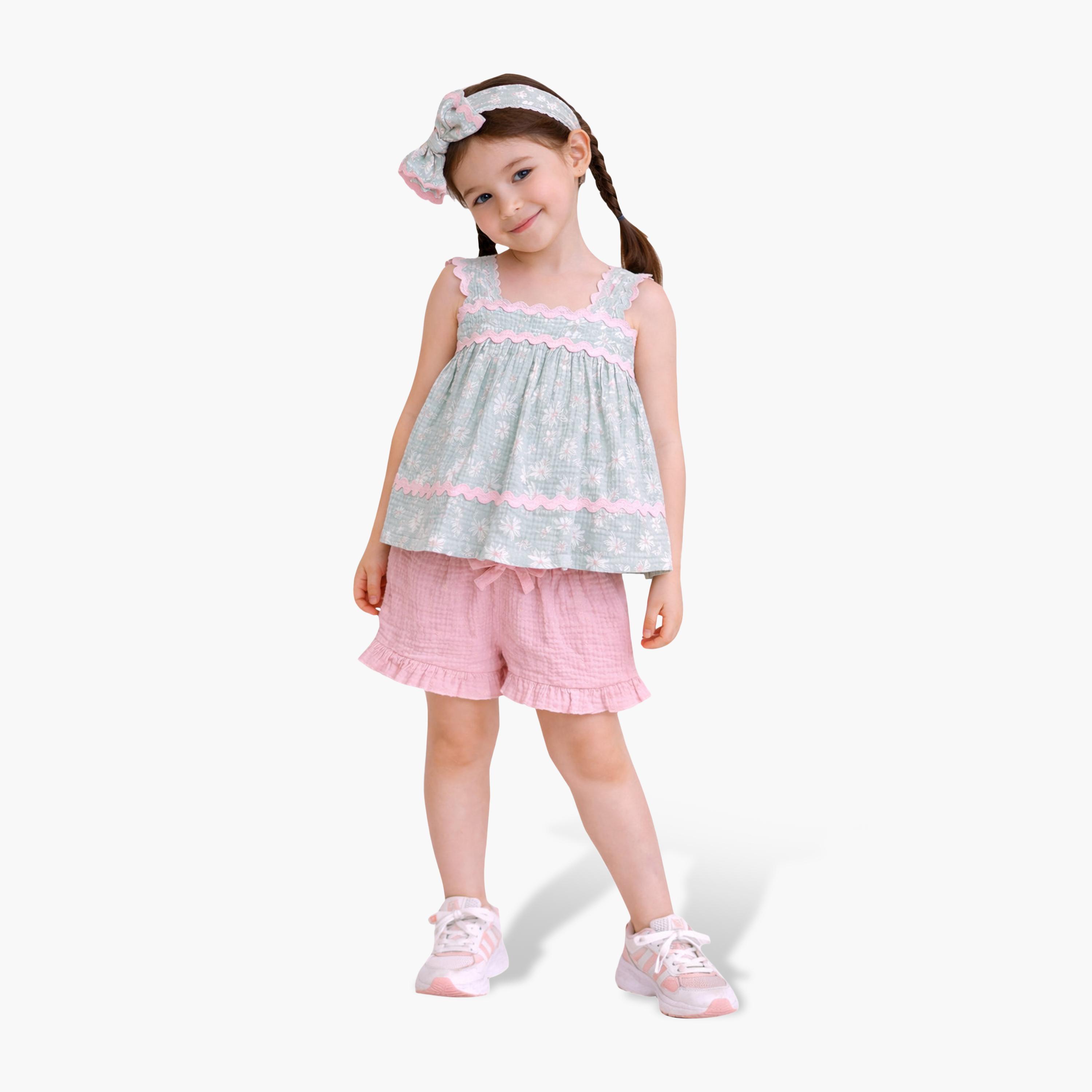 Victor and Jane Sleeveless Smocked Top & Ruffle Shorts, Matching Headband & Sunglasses Set-baby-girls-clothing-setsandcoords-image-1