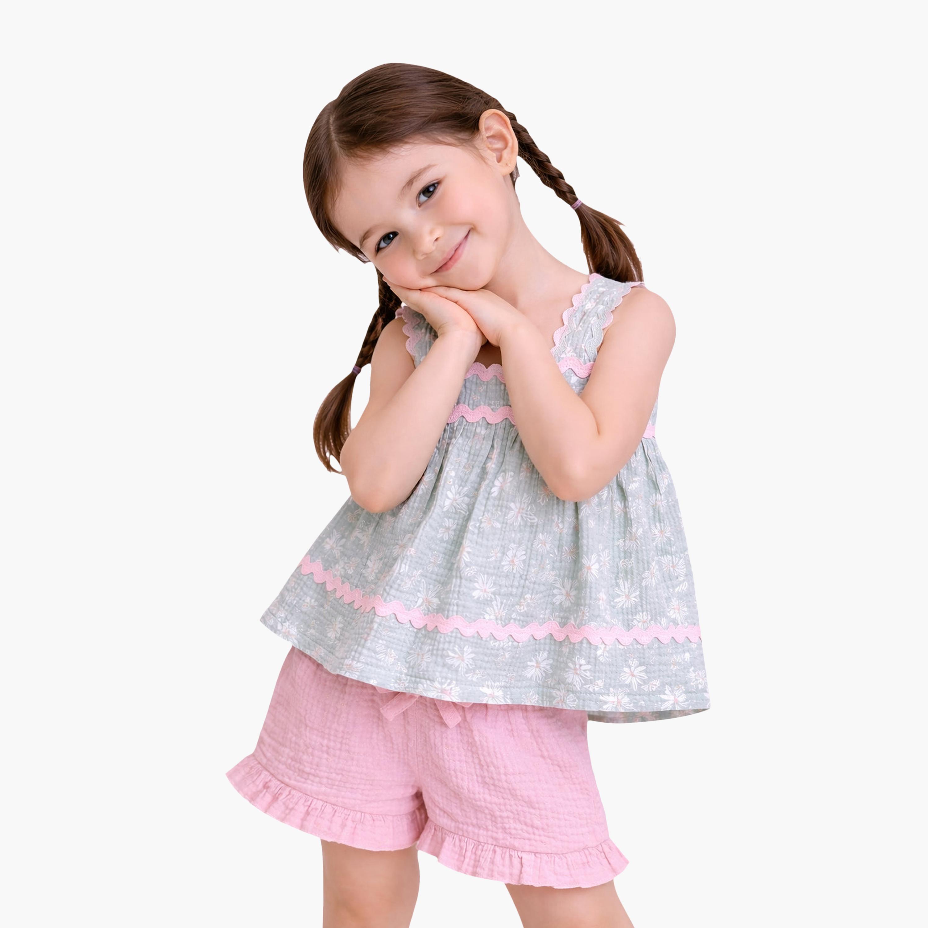 Victor and Jane Sleeveless Smocked Top & Ruffle Shorts, Matching Headband & Sunglasses Set-baby-girls-clothing-setsandcoords-image-2