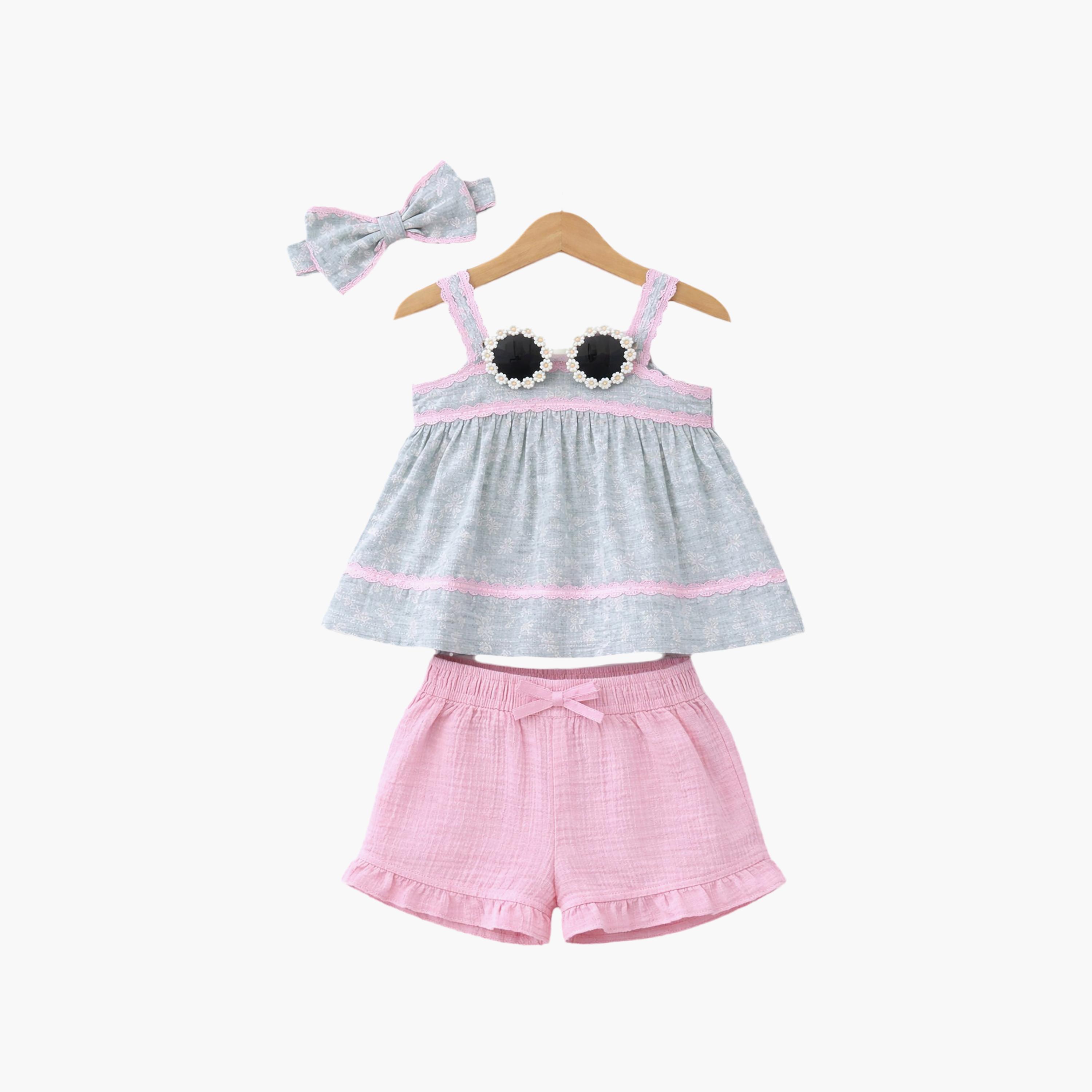 Victor and Jane Sleeveless Smocked Top & Ruffle Shorts, Matching Headband & Sunglasses Set-baby-girls-clothing-setsandcoords-image-3