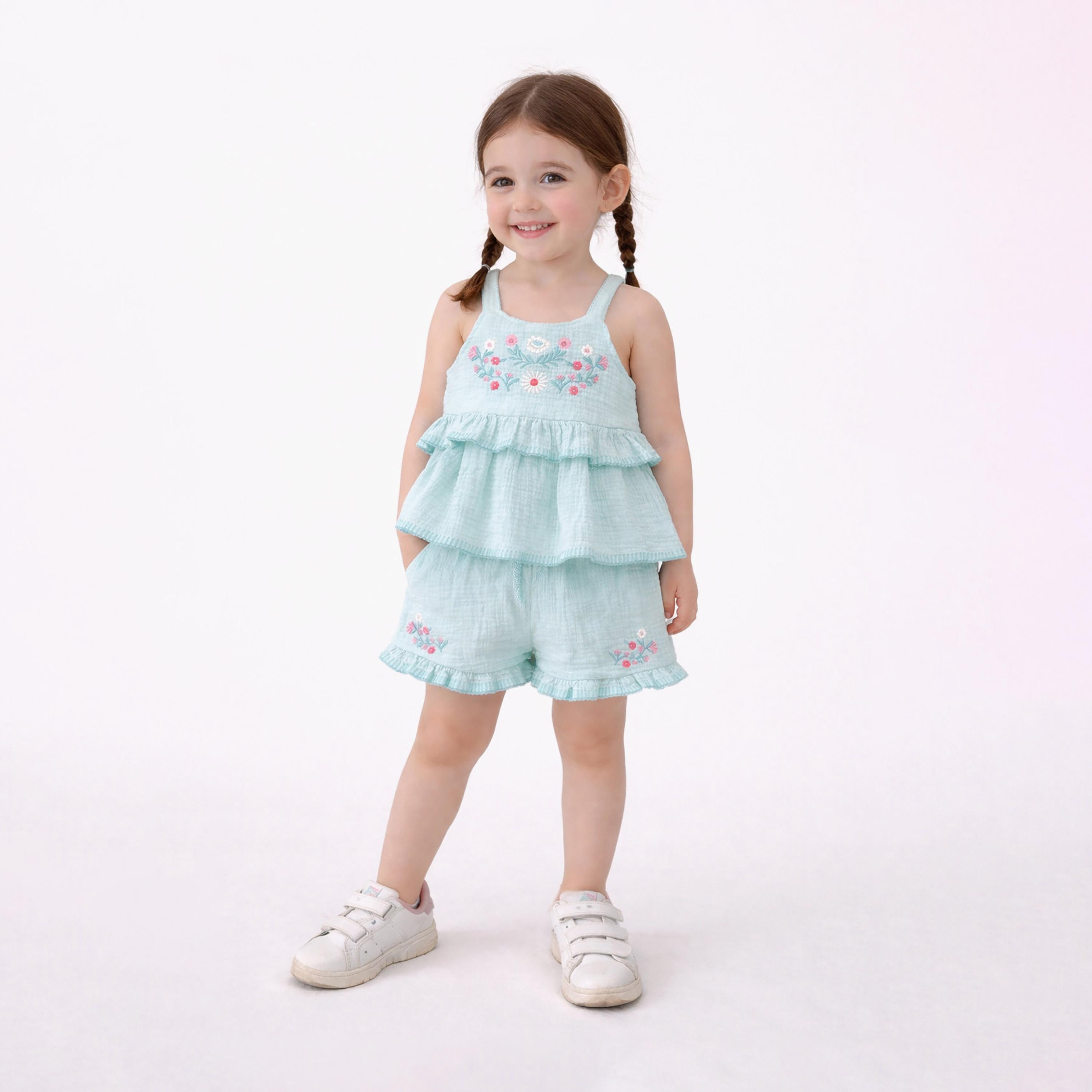 طقم بلوزة بأكمام كشكشة وشورت بحافة مكشكشة مع نظارة شمسية من فيكتور آند جين-girls-clothing-setsandcoords-image-1