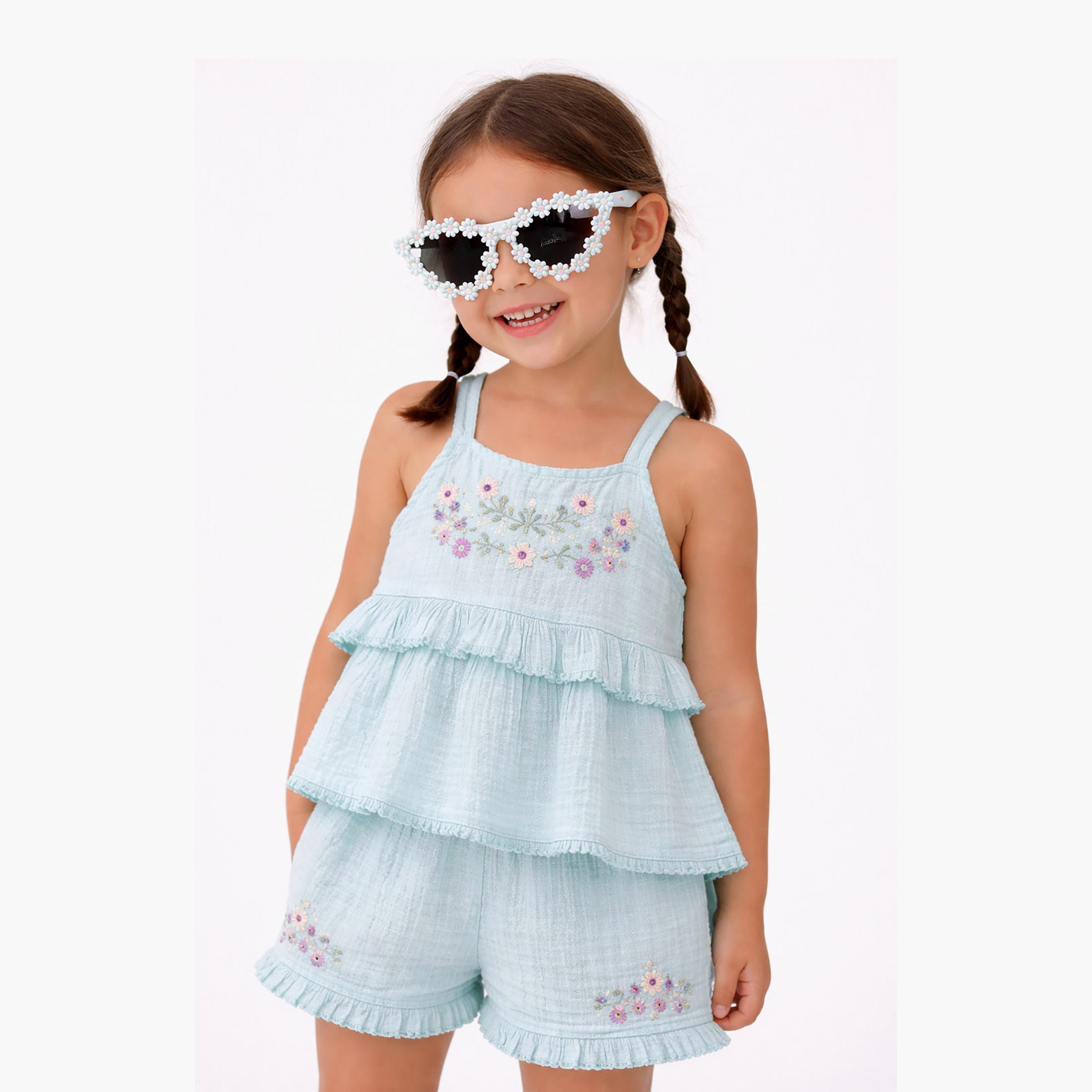 طقم بلوزة بأكمام كشكشة وشورت بحافة مكشكشة مع نظارة شمسية من فيكتور آند جين-girls-clothing-setsandcoords-image-2