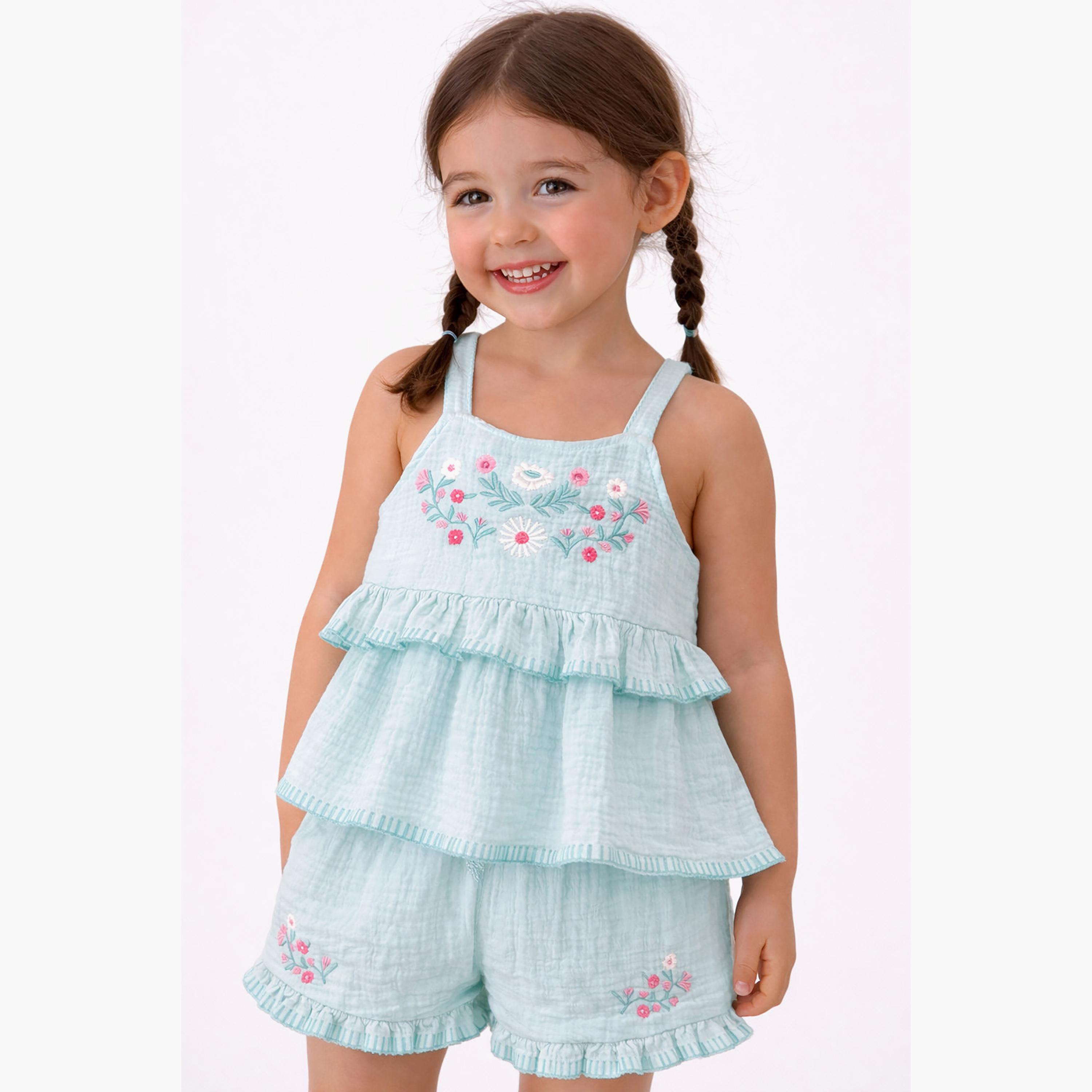 طقم بلوزة بأكمام كشكشة وشورت بحافة مكشكشة مع نظارة شمسية من فيكتور آند جين-girls-clothing-setsandcoords-image-4