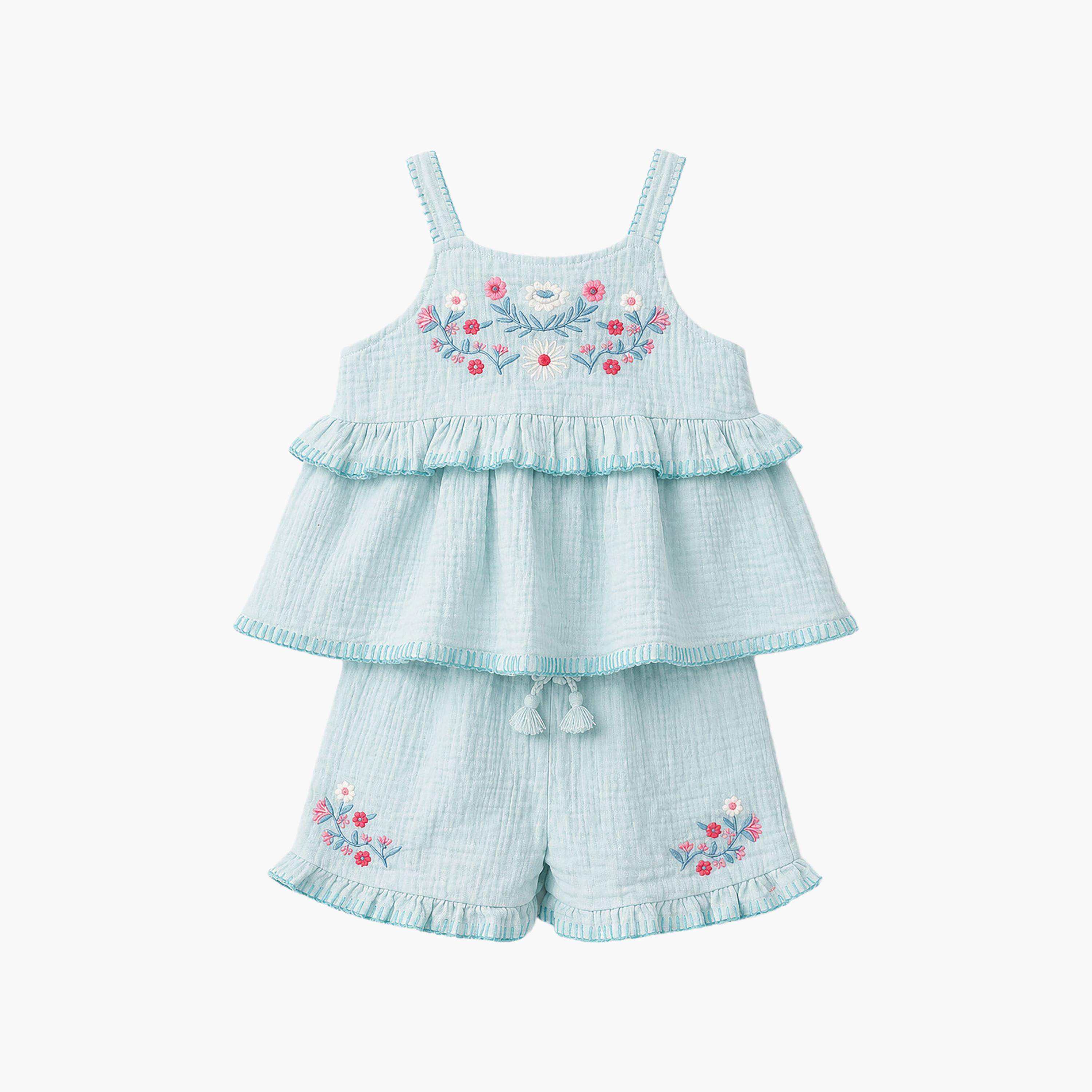 طقم بلوزة بأكمام كشكشة وشورت بحافة مكشكشة مع نظارة شمسية من فيكتور آند جين-girls-clothing-setsandcoords-image-5