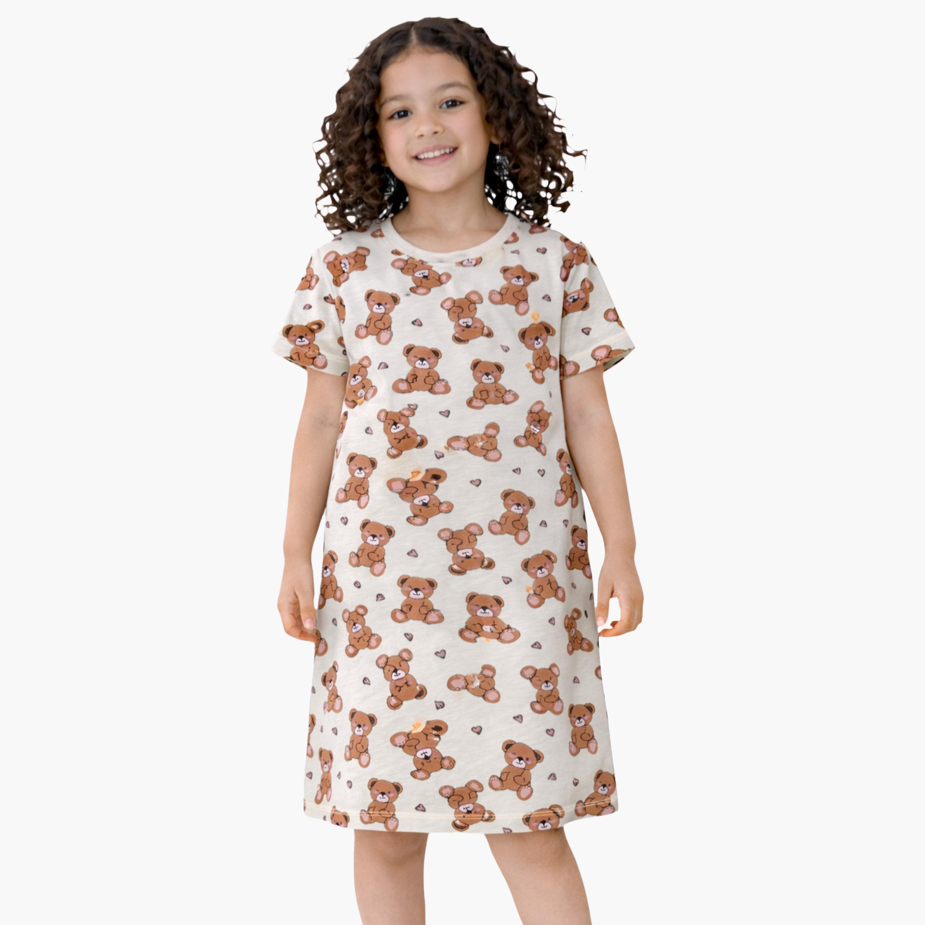 Victor and Jane All-Over Teddy Print Sleep Tee Dress-girls-clothing-dressesandjumpsuits-image-1