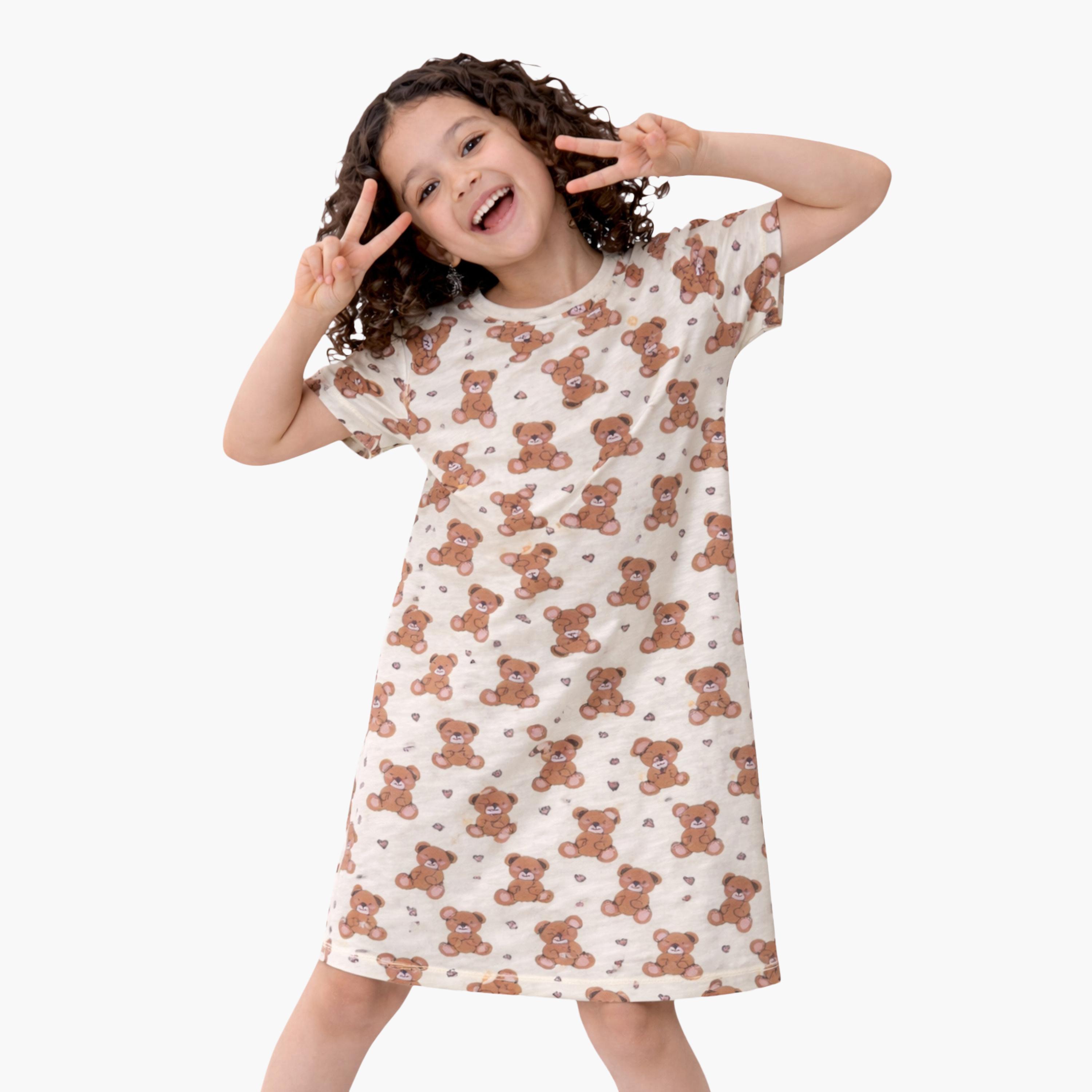Victor and Jane All-Over Teddy Print Sleep Tee Dress-girls-clothing-dressesandjumpsuits-image-3