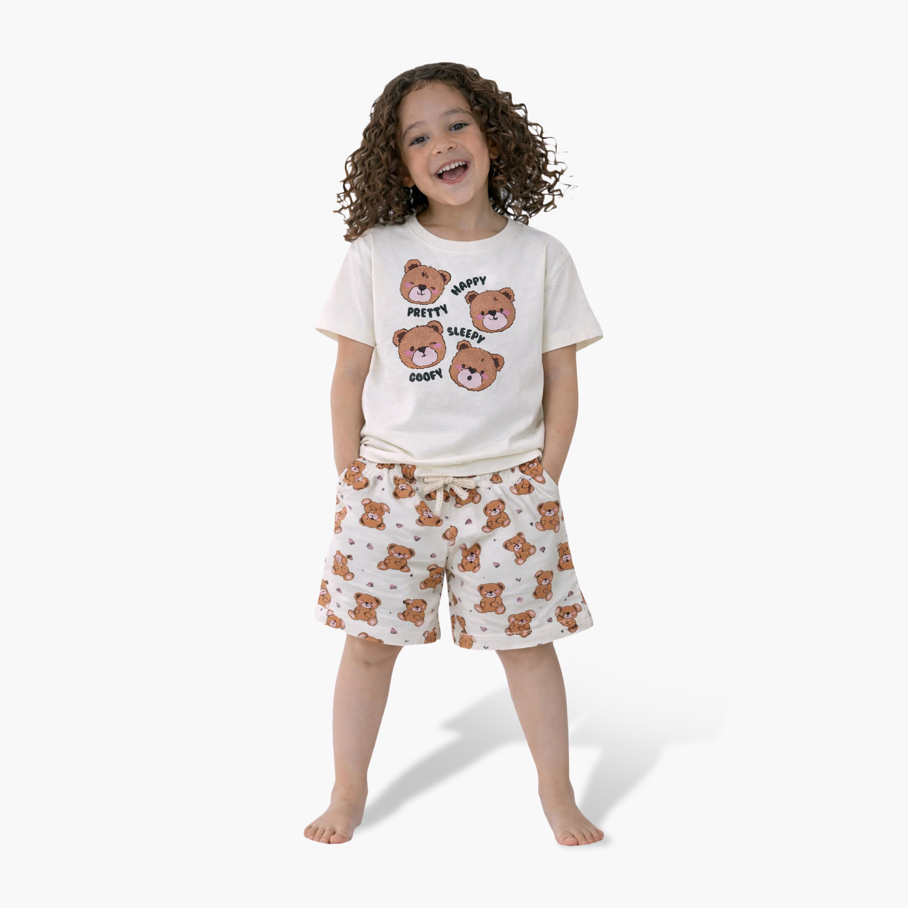 Victor and Jane Teddy Faces Graphic T-Shirt & All-Over Print Shorts Set-baby-girls-clothing-setsandcoords-image-1