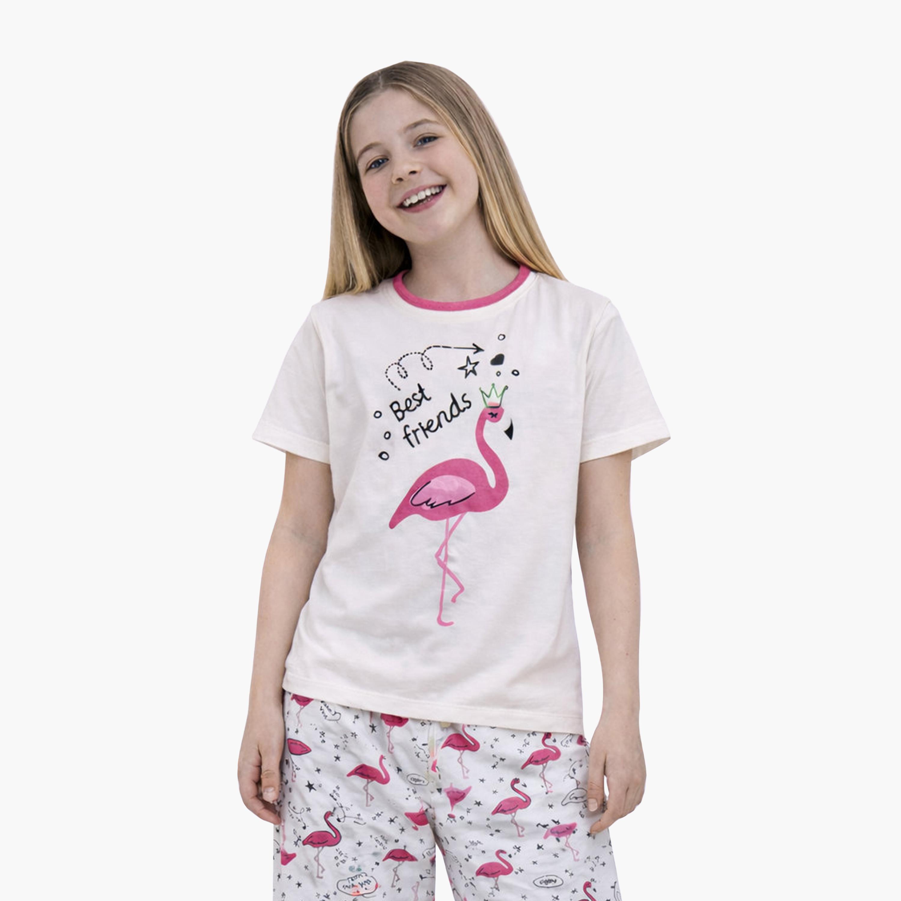 طقم تي شيرت برسومات فلامينغو وبنطلون مطبوع من فيكتور آند جين-baby-girls-clothing-setsandcoords-image-1