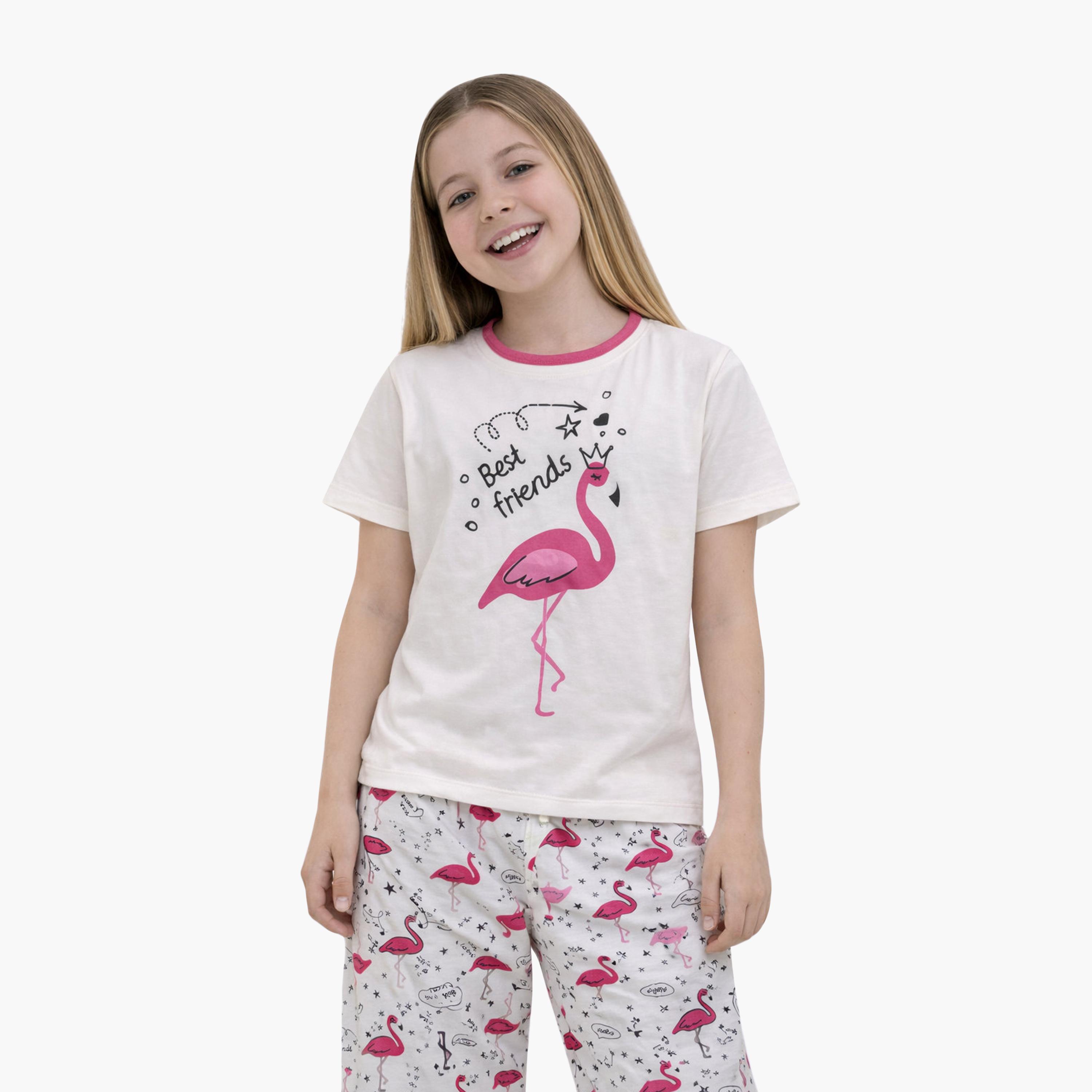 طقم تي شيرت برسومات فلامينغو وبنطلون مطبوع من فيكتور آند جين-baby-girls-clothing-setsandcoords-image-2