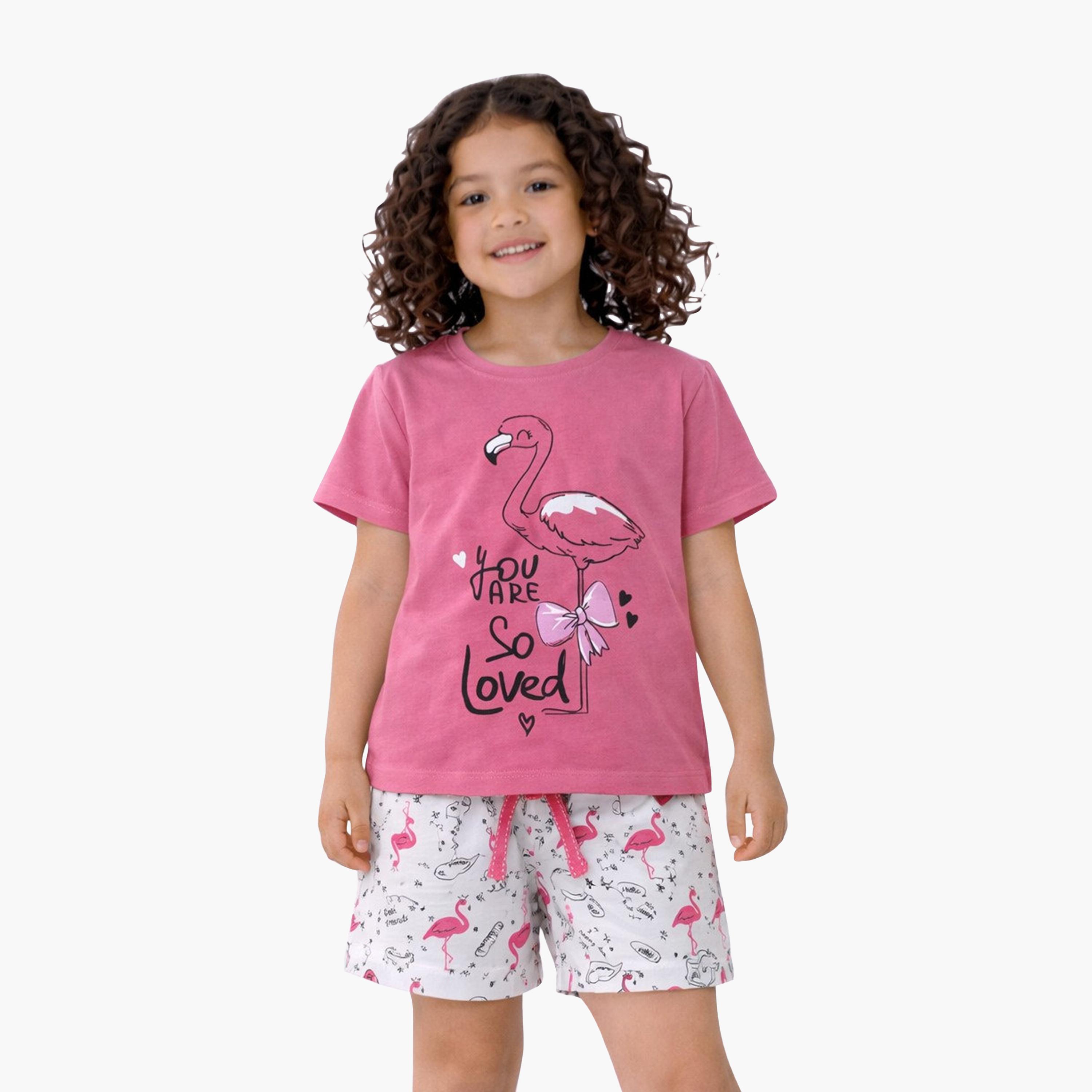 Victor and Jane You Are Loved Printed Flamingo T-Shirt & Printed Shorts Set-baby-girls-clothing-setsandcoords-image-1