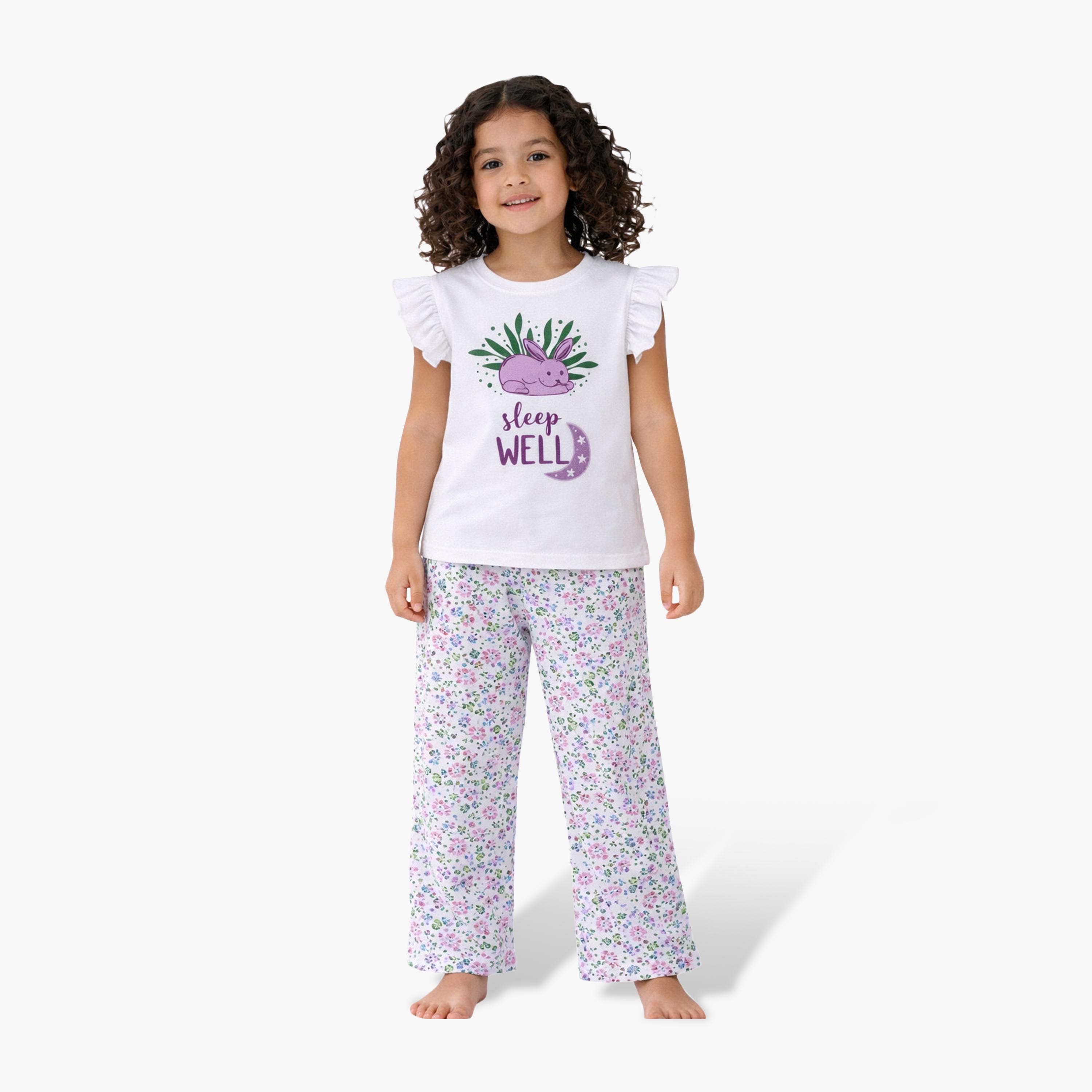 Victor and Jane Sleep Well Printed Frill Sleeve Top & Floral Print Pants Set-baby-girls-clothing-setsandcoords-image-1
