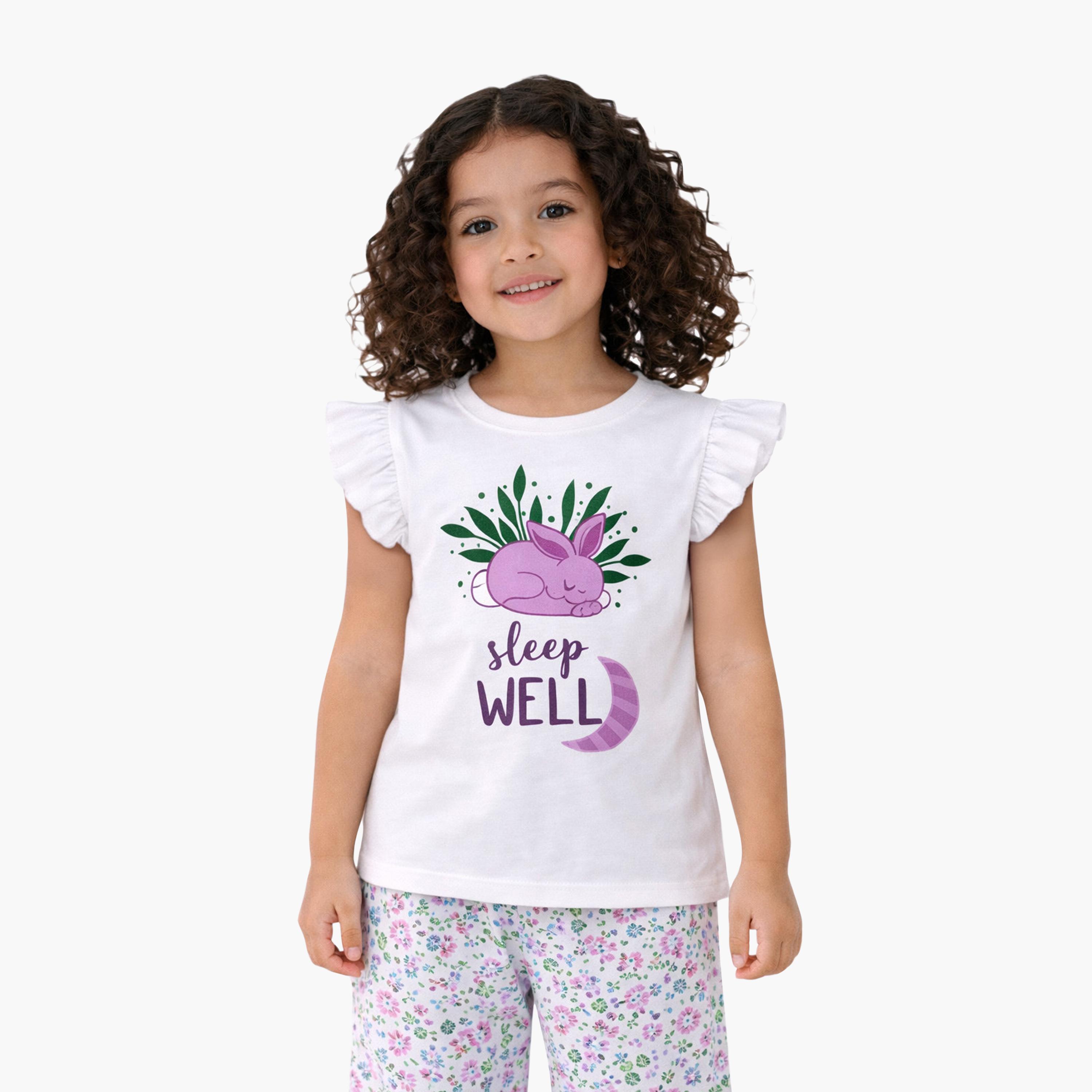 Victor and Jane Sleep Well Printed Frill Sleeve Top & Floral Print Pants Set-baby-girls-clothing-setsandcoords-image-2