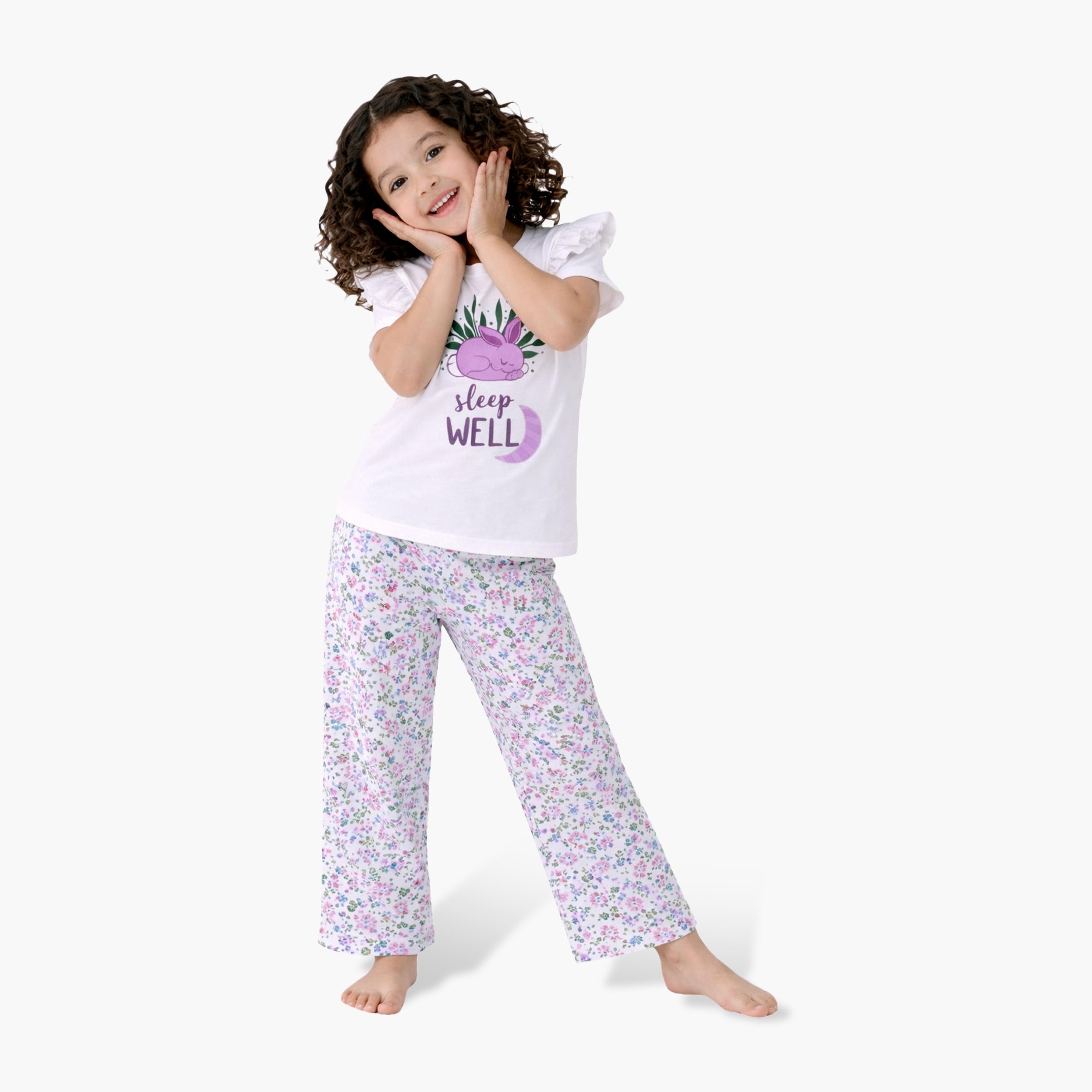 Victor and Jane Sleep Well Printed Frill Sleeve Top & Floral Print Pants Set-baby-girls-clothing-setsandcoords-image-4