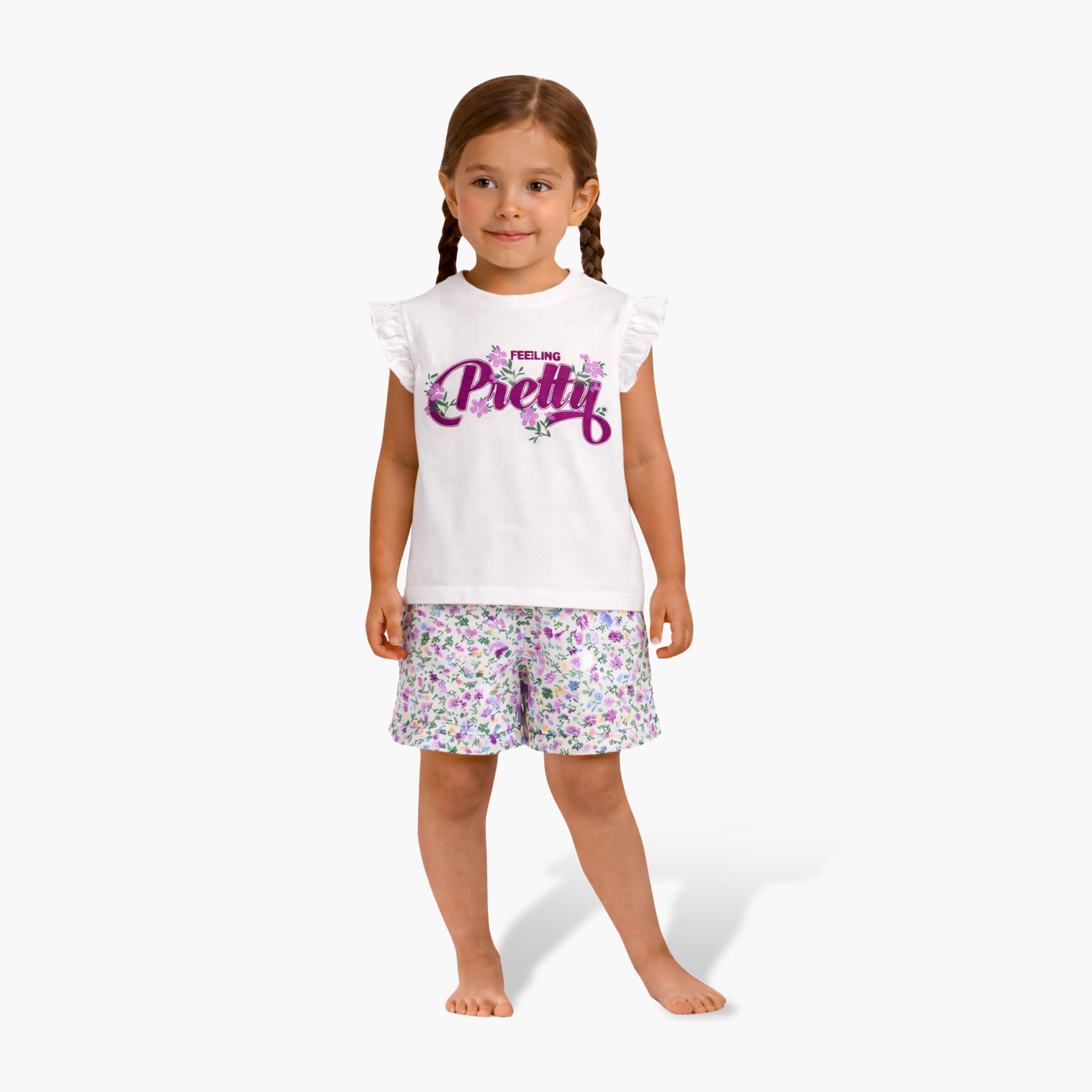 Victor and Jane Feeling Pretty Printed Frill Sleeve Top & Floral Shorts Set-baby-girls-clothing-setsandcoords-image-1