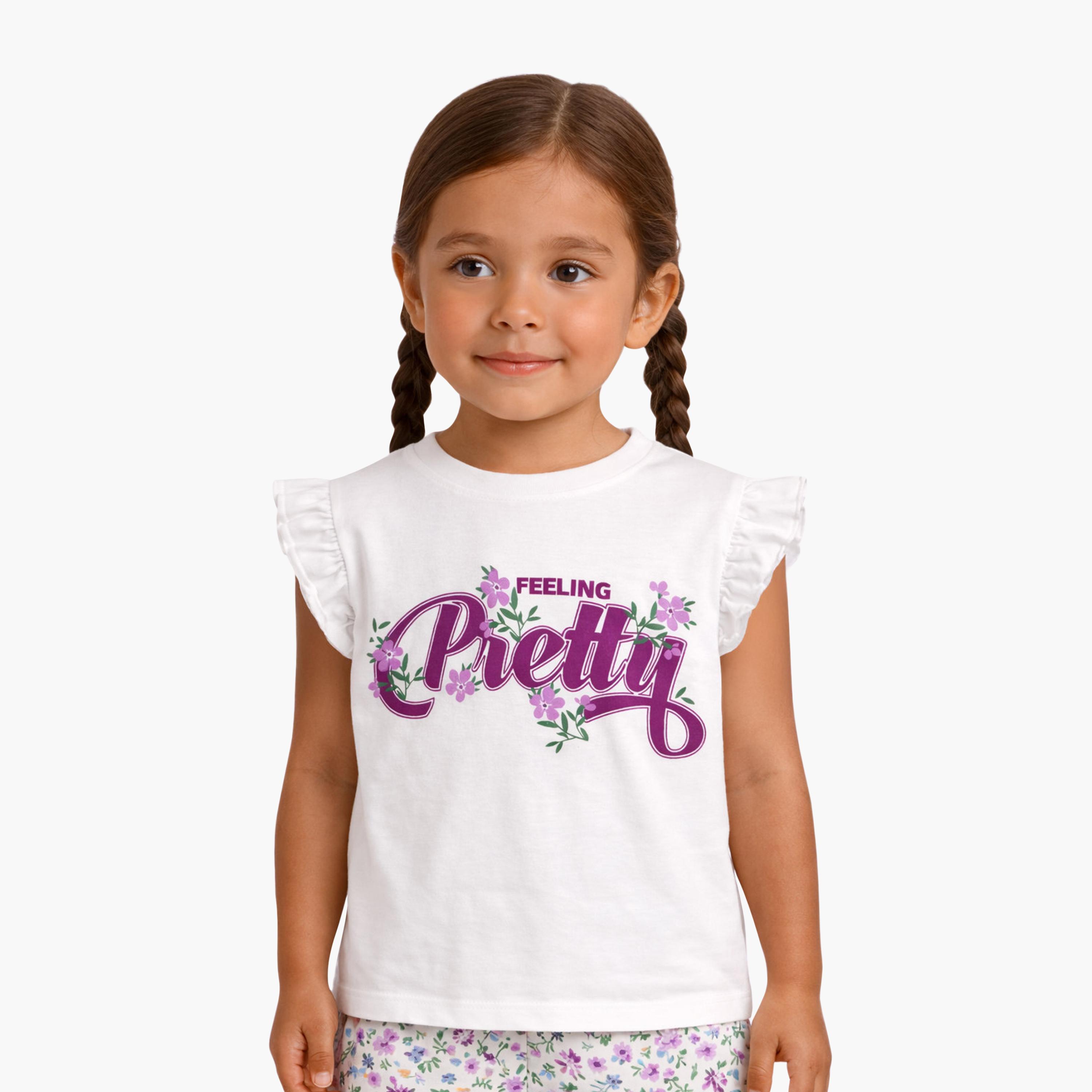 Victor and Jane Feeling Pretty Printed Frill Sleeve Top & Floral Shorts Set-baby-girls-clothing-setsandcoords-image-2
