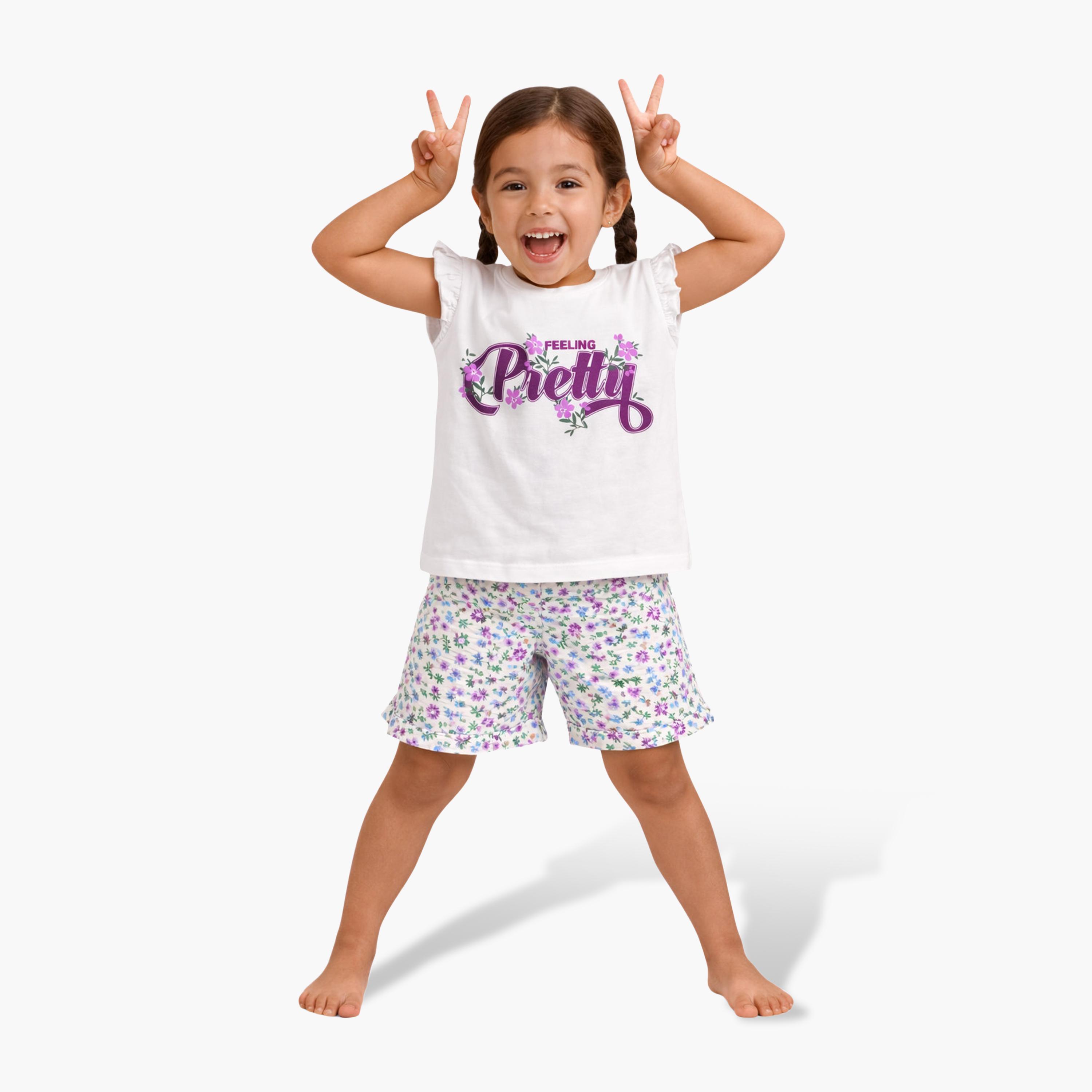Victor and Jane Feeling Pretty Printed Frill Sleeve Top & Floral Shorts Set-baby-girls-clothing-setsandcoords-image-3