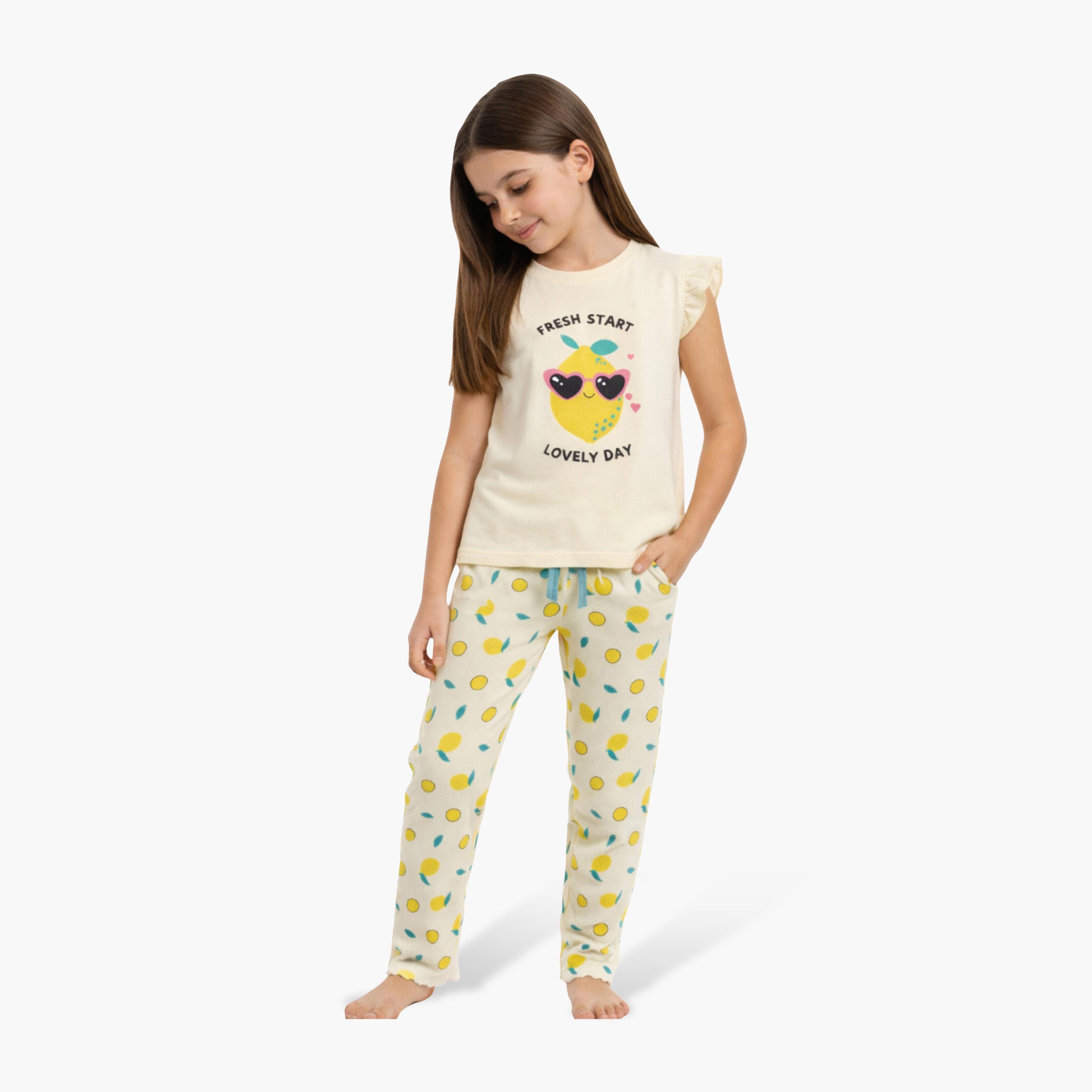 Victor and Jane Hello Summer Printed Frill Sleeve Top & Lemon Print Pants Set-baby-girls-clothing-setsandcoords-image-1