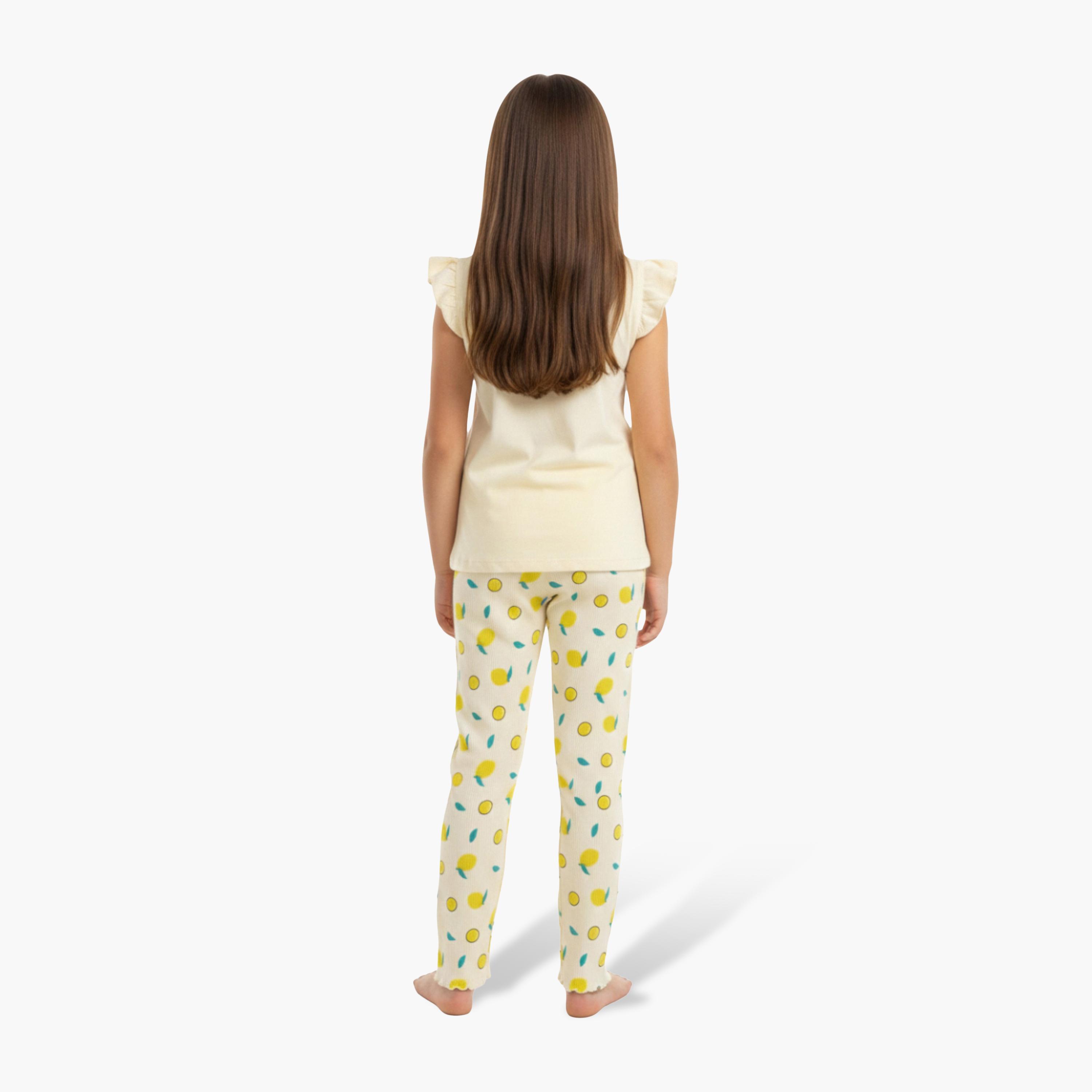 Victor and Jane Hello Summer Printed Frill Sleeve Top & Lemon Print Pants Set-baby-girls-clothing-setsandcoords-image-2