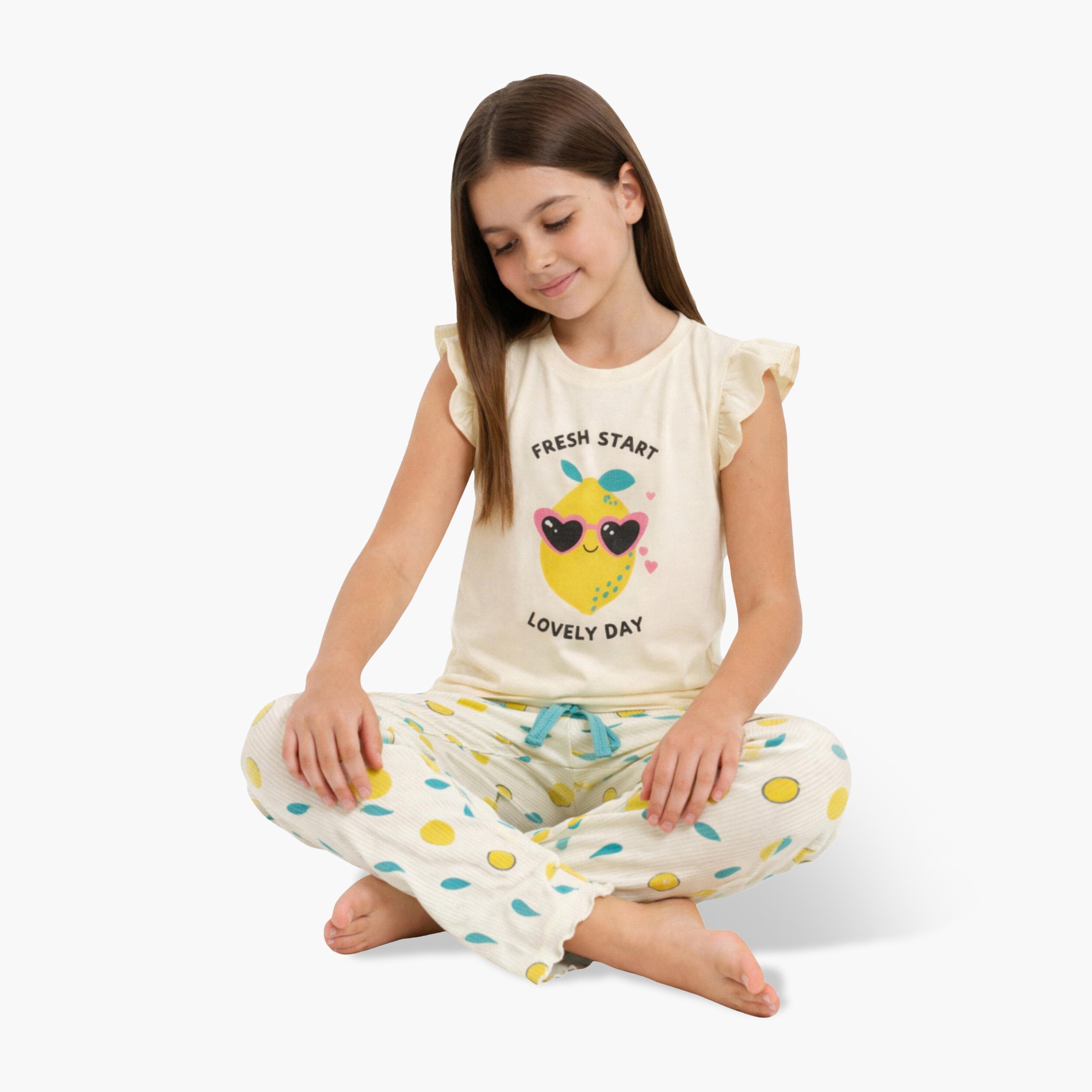 Victor and Jane Hello Summer Printed Frill Sleeve Top & Lemon Print Pants Set-baby-girls-clothing-setsandcoords-image-3