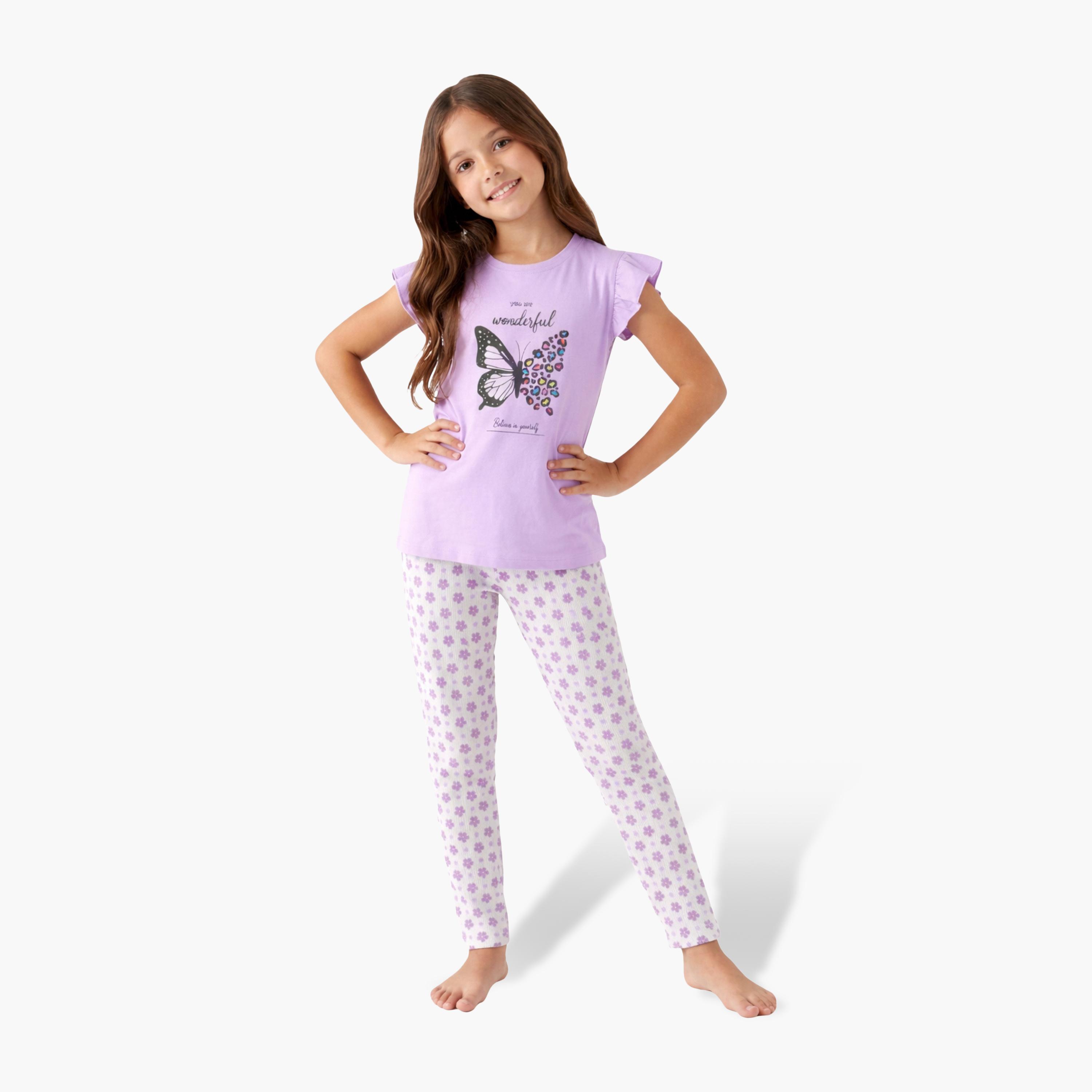 طقم بلوزة برسومات فراشة وأكمام كشكشة وبنطلون بطبعة نجوم من فيكتور آند جين-baby-girls-clothing-setsandcoords-image-1