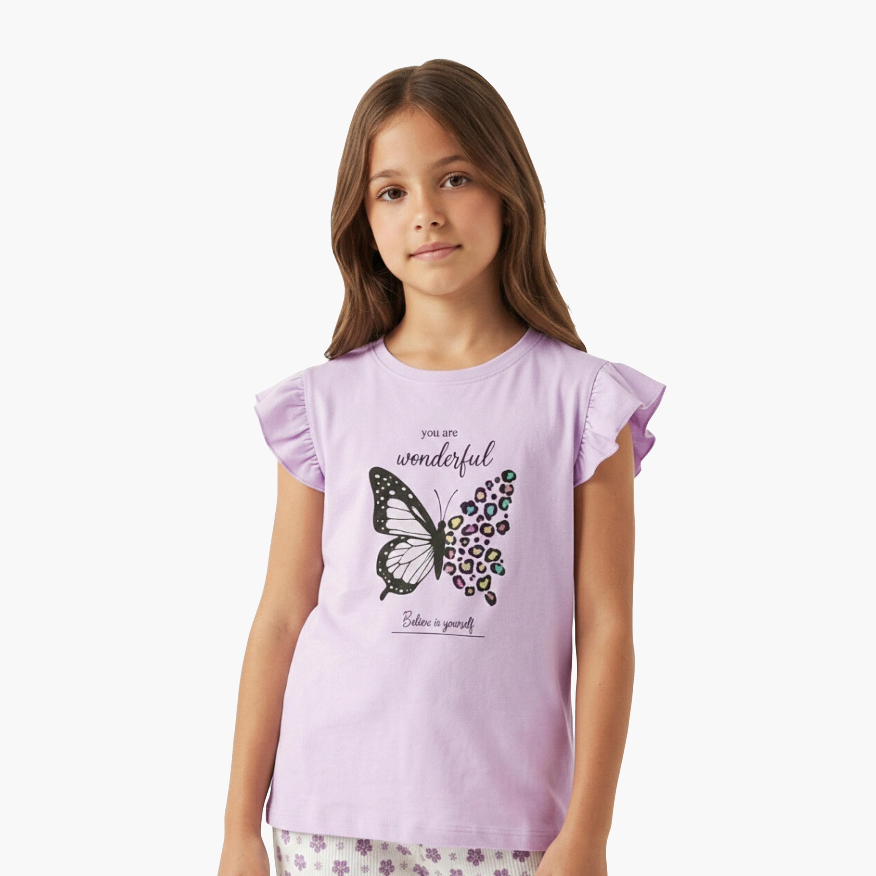 طقم بلوزة برسومات فراشة وأكمام كشكشة وبنطلون بطبعة نجوم من فيكتور آند جين-baby-girls-clothing-setsandcoords-image-3