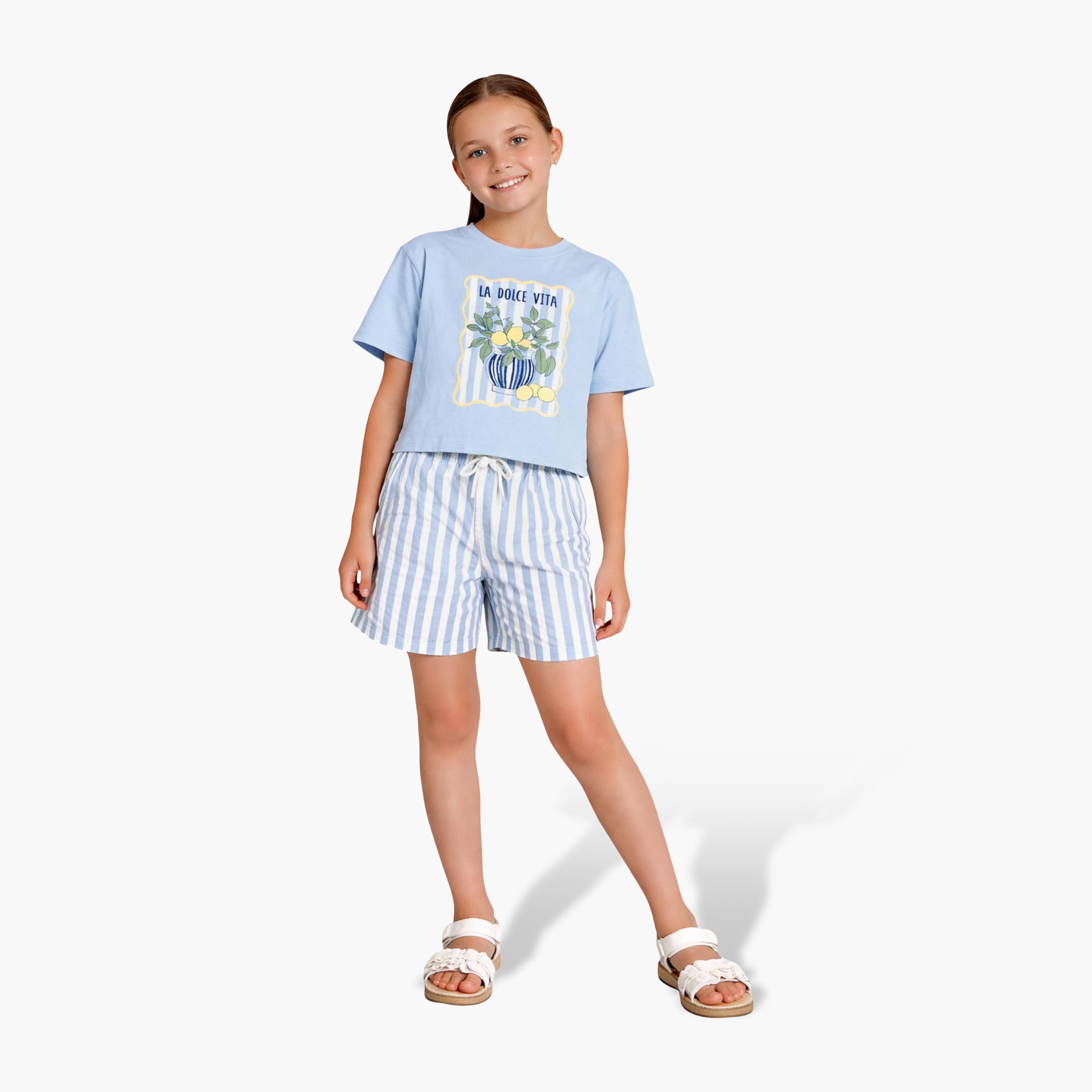طقم تي شيرت بطبعة رسومات وشورت مخطط من فيكتور آند جين-girls-clothing-setsandcoords-image-3