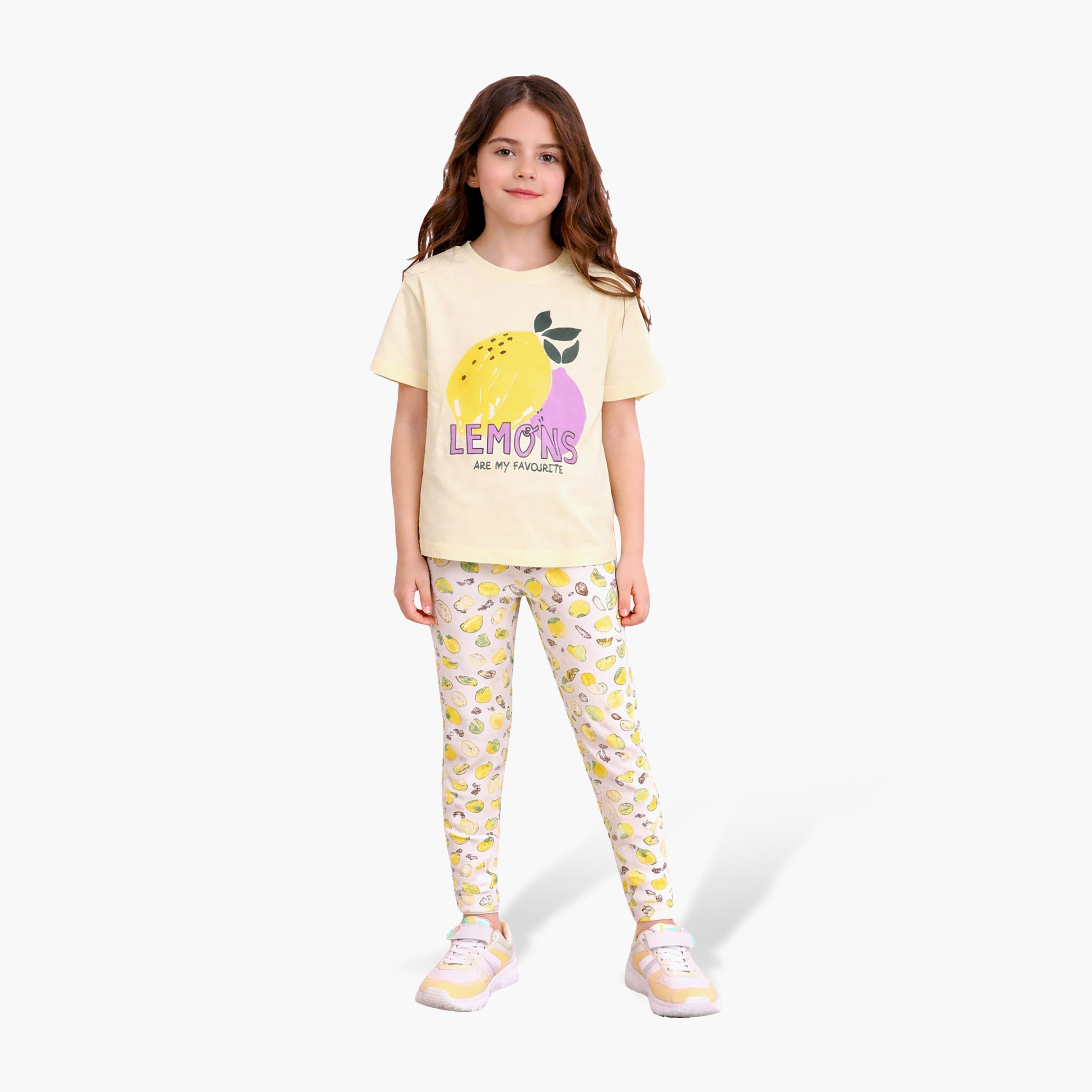 طقم مكون من قطعتين تي شيرت مطبوع بأكمام قصيرة مع قطعتين ليجنز من فيكتور آند جين-baby-girls-clothing-setsandcoords-image-1