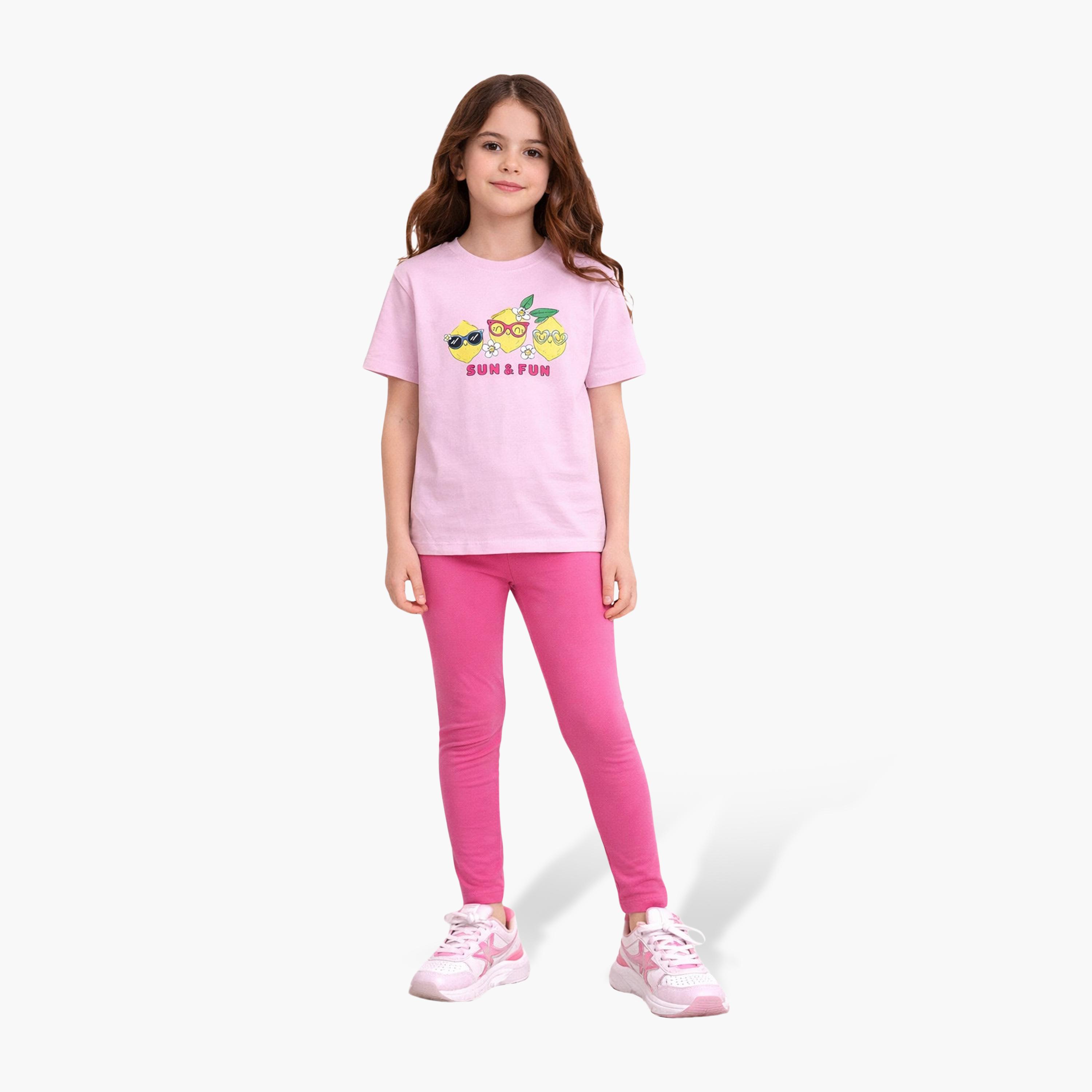 طقم مكون من قطعتين تي شيرت مطبوع بأكمام قصيرة مع قطعتين ليجنز من فيكتور آند جين-baby-girls-clothing-setsandcoords-image-2