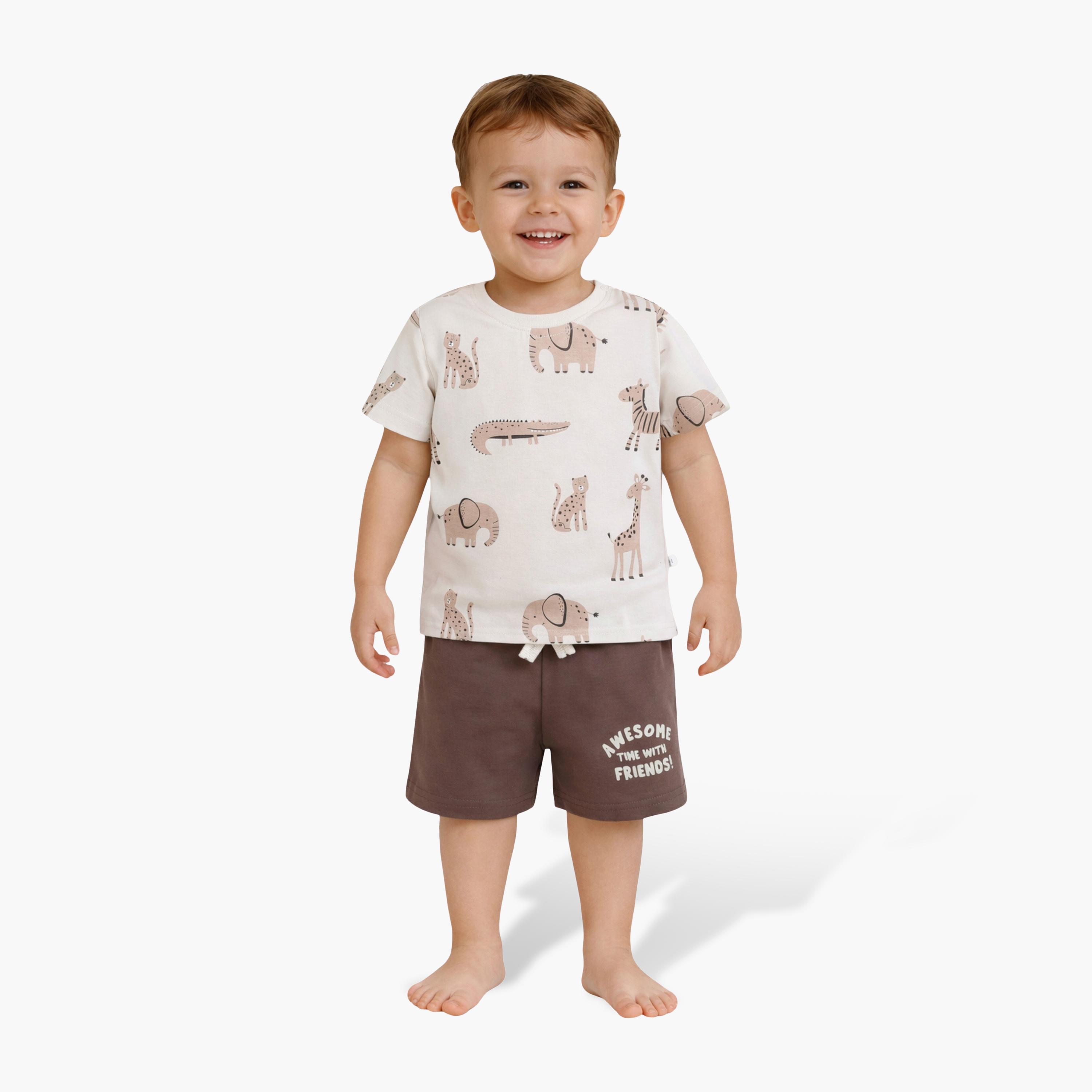طقم تي شيرت قطني وشورت بطبعة حيوانات السفاري من فيكتور آند جين-boys-clothing-setsandcoords-image-1
