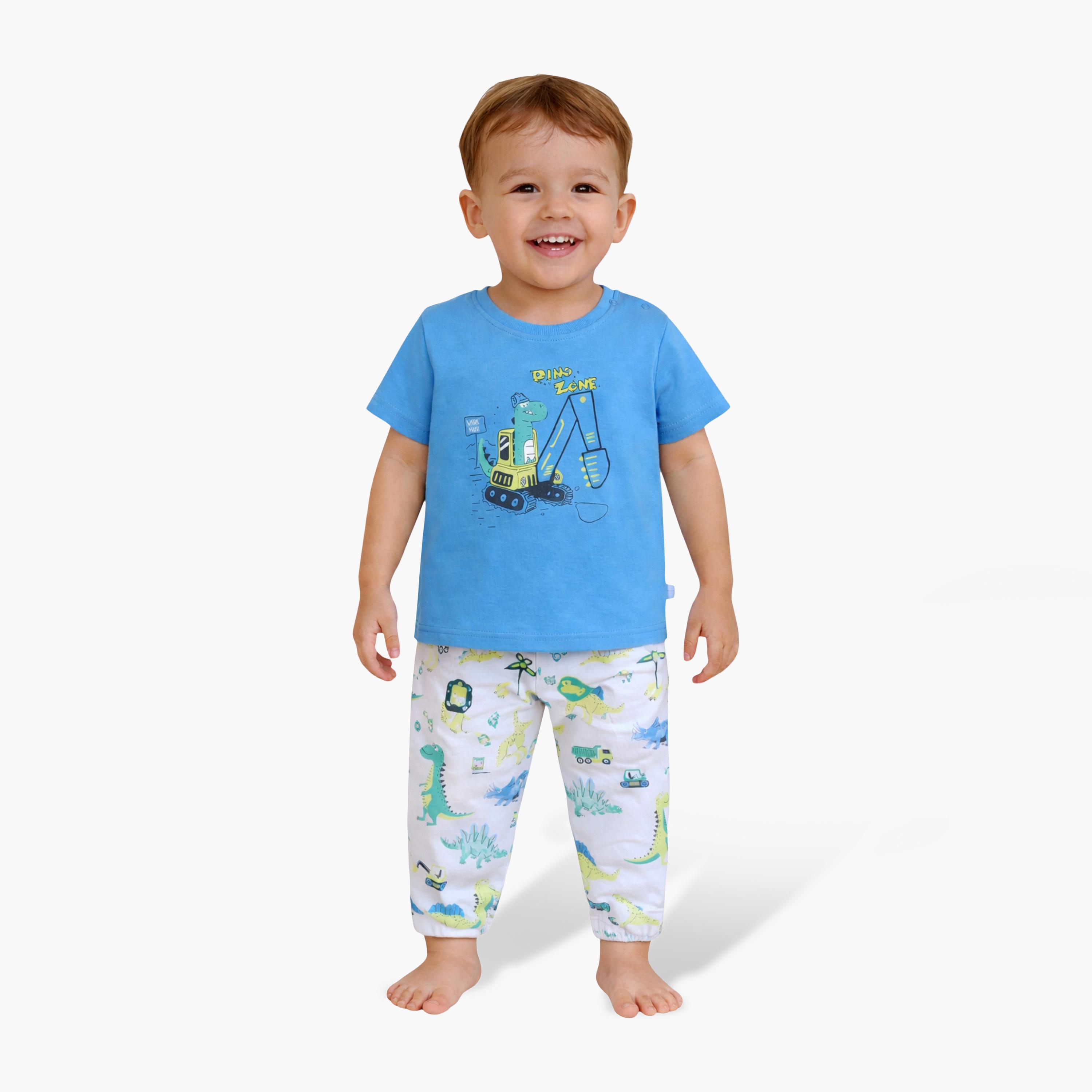 طقم تي شيرت قطني وبيجامة بطبعة ديناصور من فيكتور آند جين-boys-clothing-setsandcoords-image-1