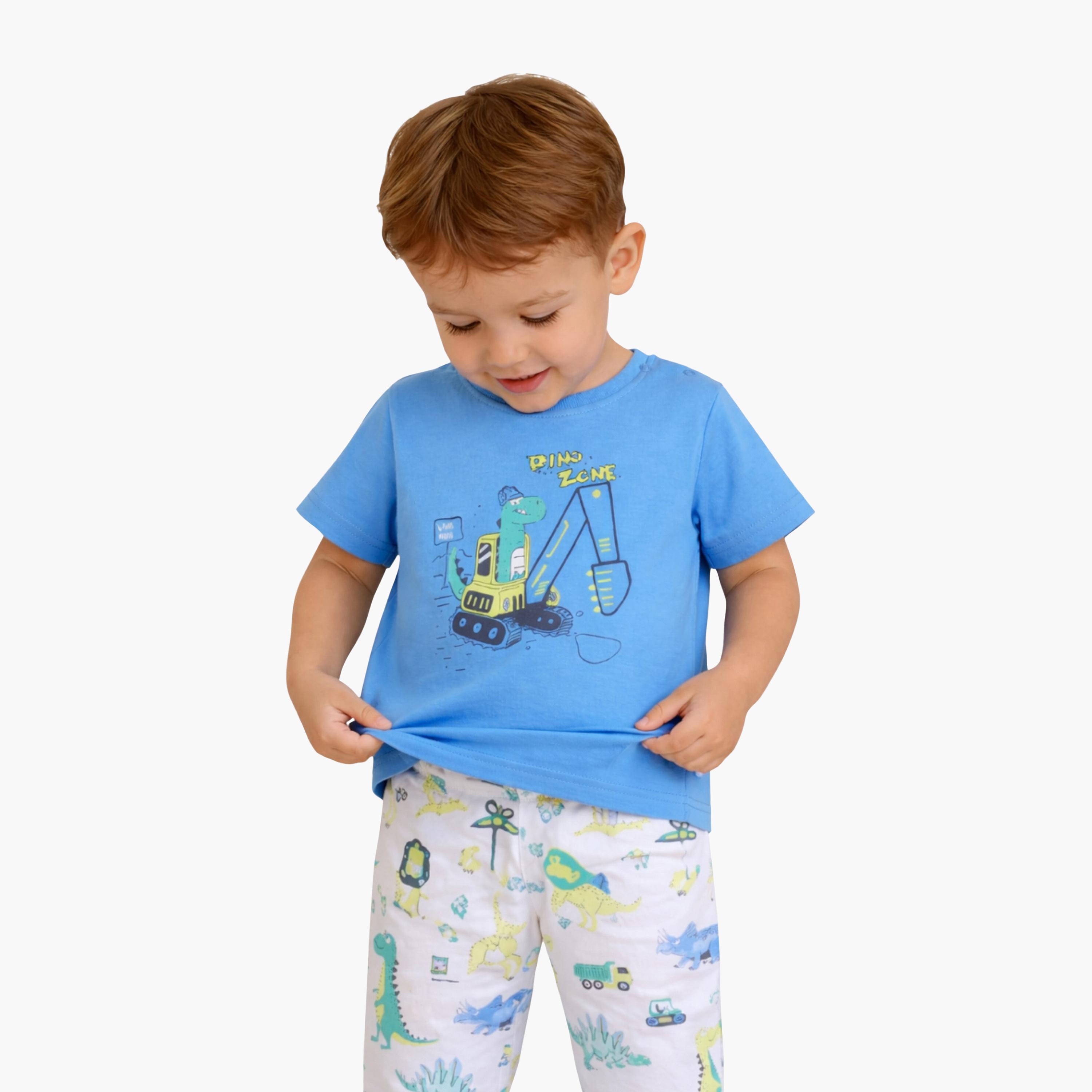 طقم تي شيرت قطني وبيجامة بطبعة ديناصور من فيكتور آند جين-boys-clothing-setsandcoords-image-2