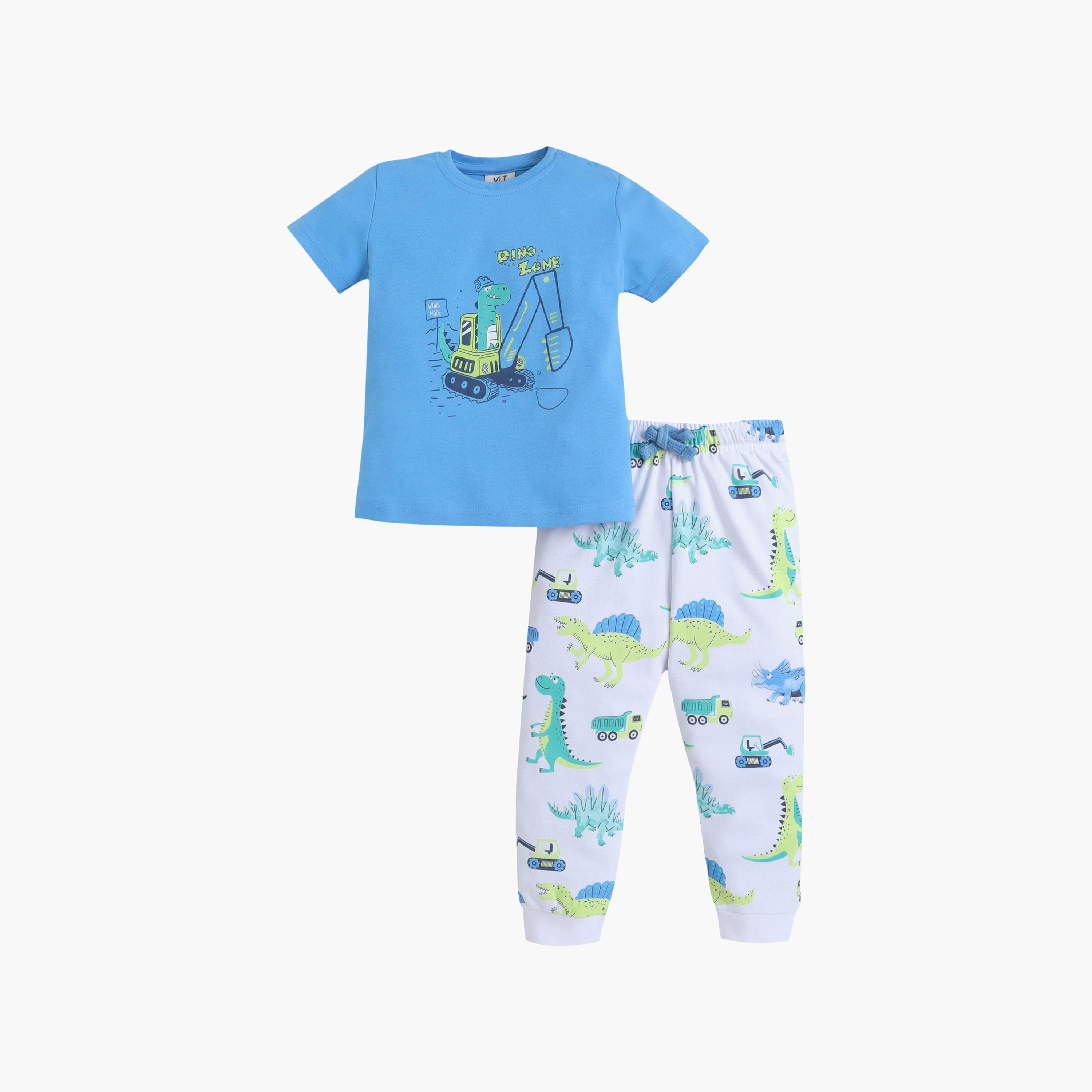 طقم تي شيرت قطني وبيجامة بطبعة ديناصور من فيكتور آند جين-boys-clothing-setsandcoords-image-3