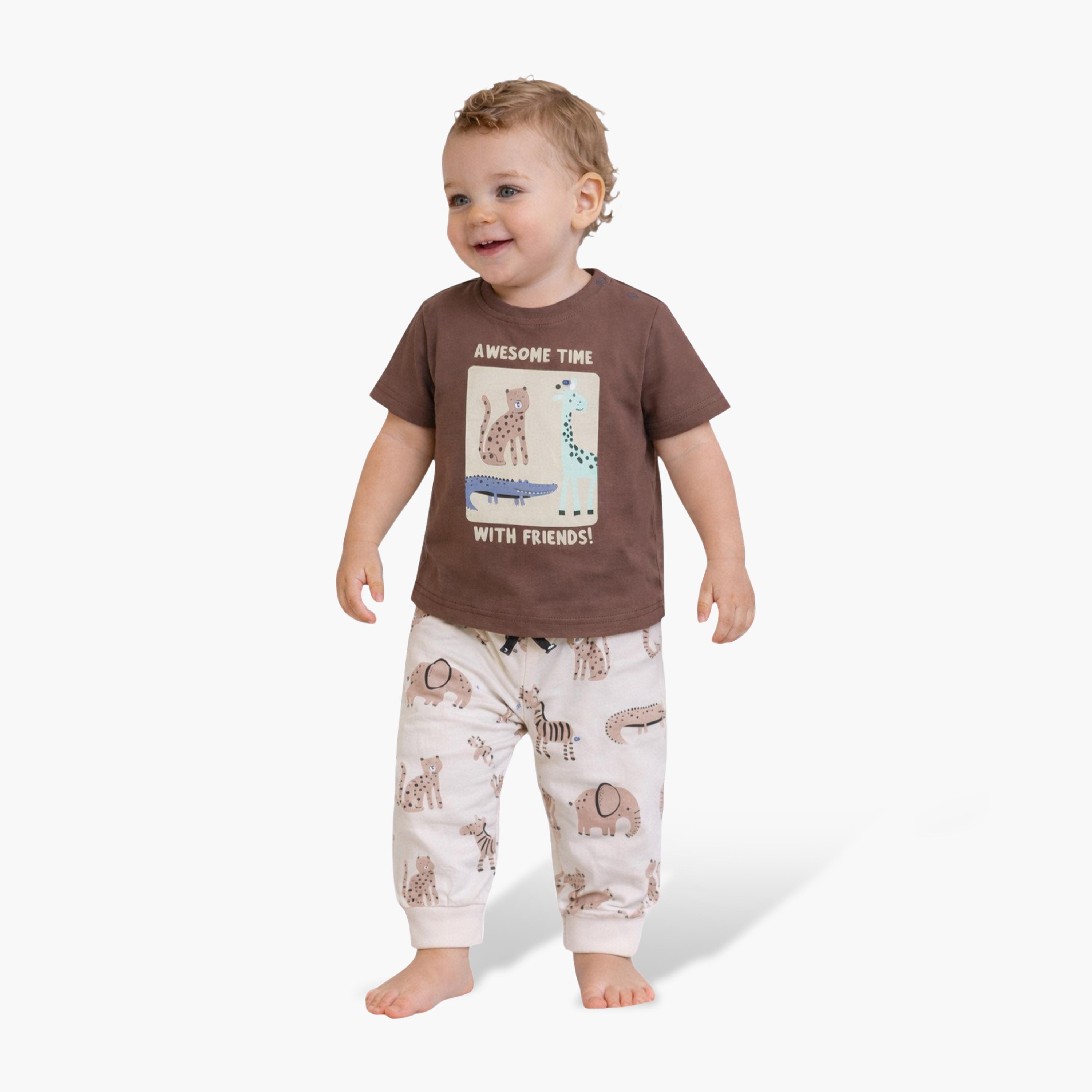 طقم تي شيرت قطني وبيجامة برسومات حيوانات من فيكتور آند جين-boys-clothing-setsandcoords-image-1