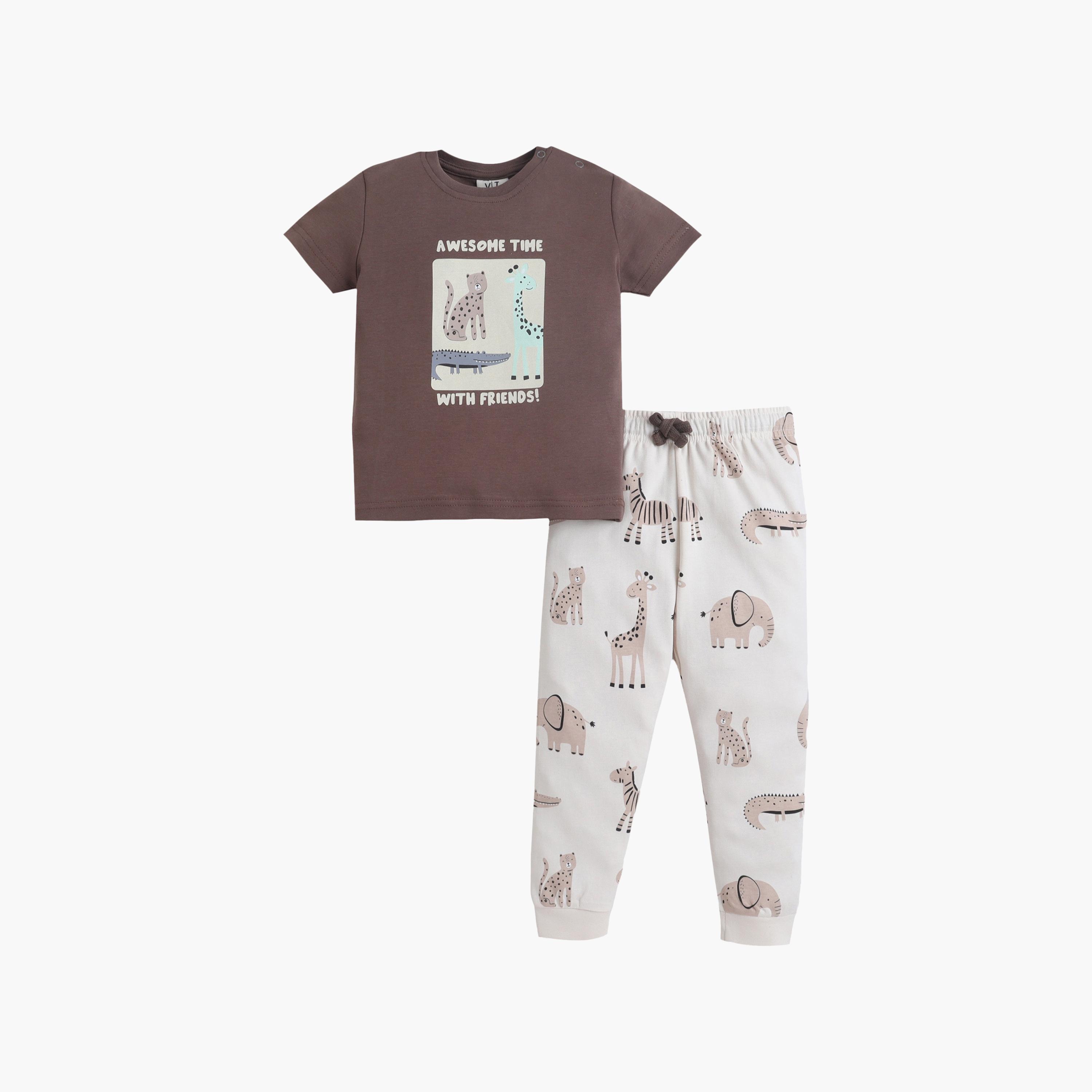 طقم تي شيرت قطني وبيجامة برسومات حيوانات من فيكتور آند جين-boys-clothing-setsandcoords-image-2