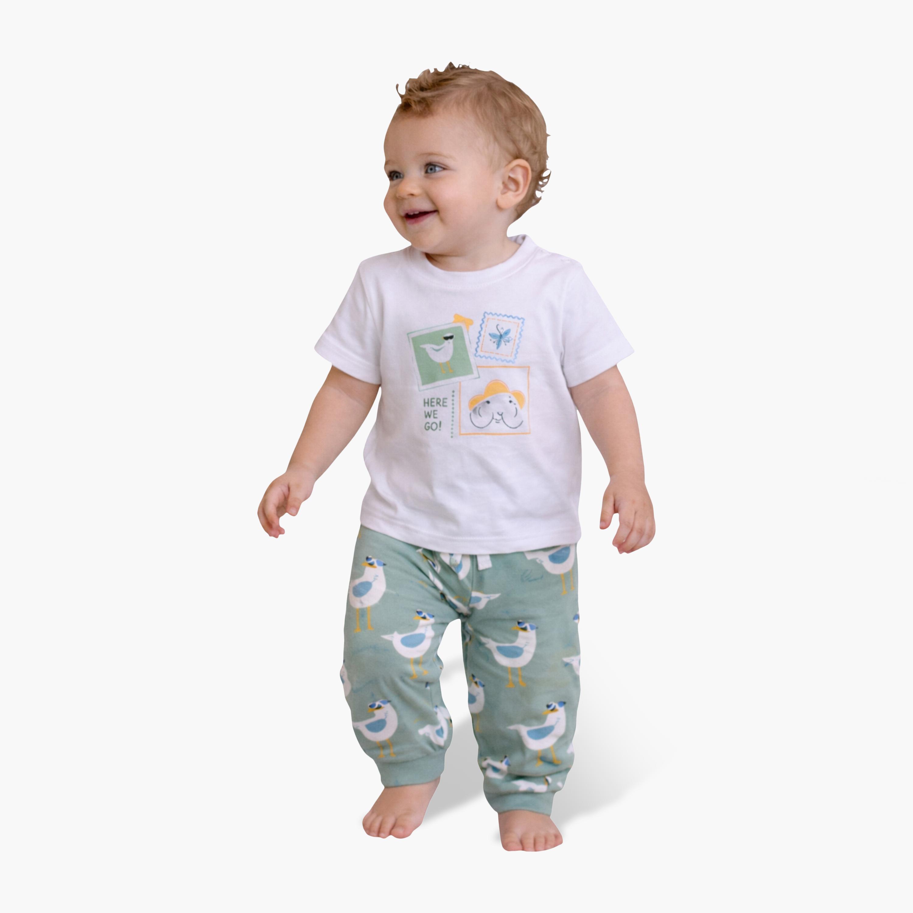 طقم تي شيرت قطني وبيجامة برسومات عصافير من فيكتور آند جين-boys-clothing-setsandcoords-image-1